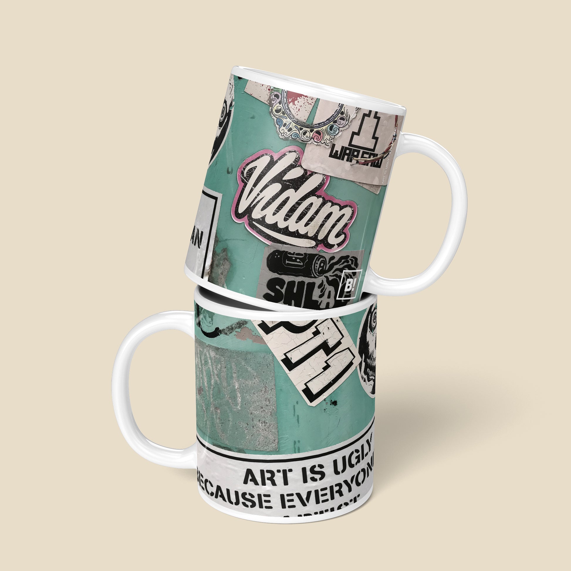Be inspired by our Urban Art Coffee Mug "Art Is Ugly" from Bangkok. This mug features an 11oz size with a front and back view.