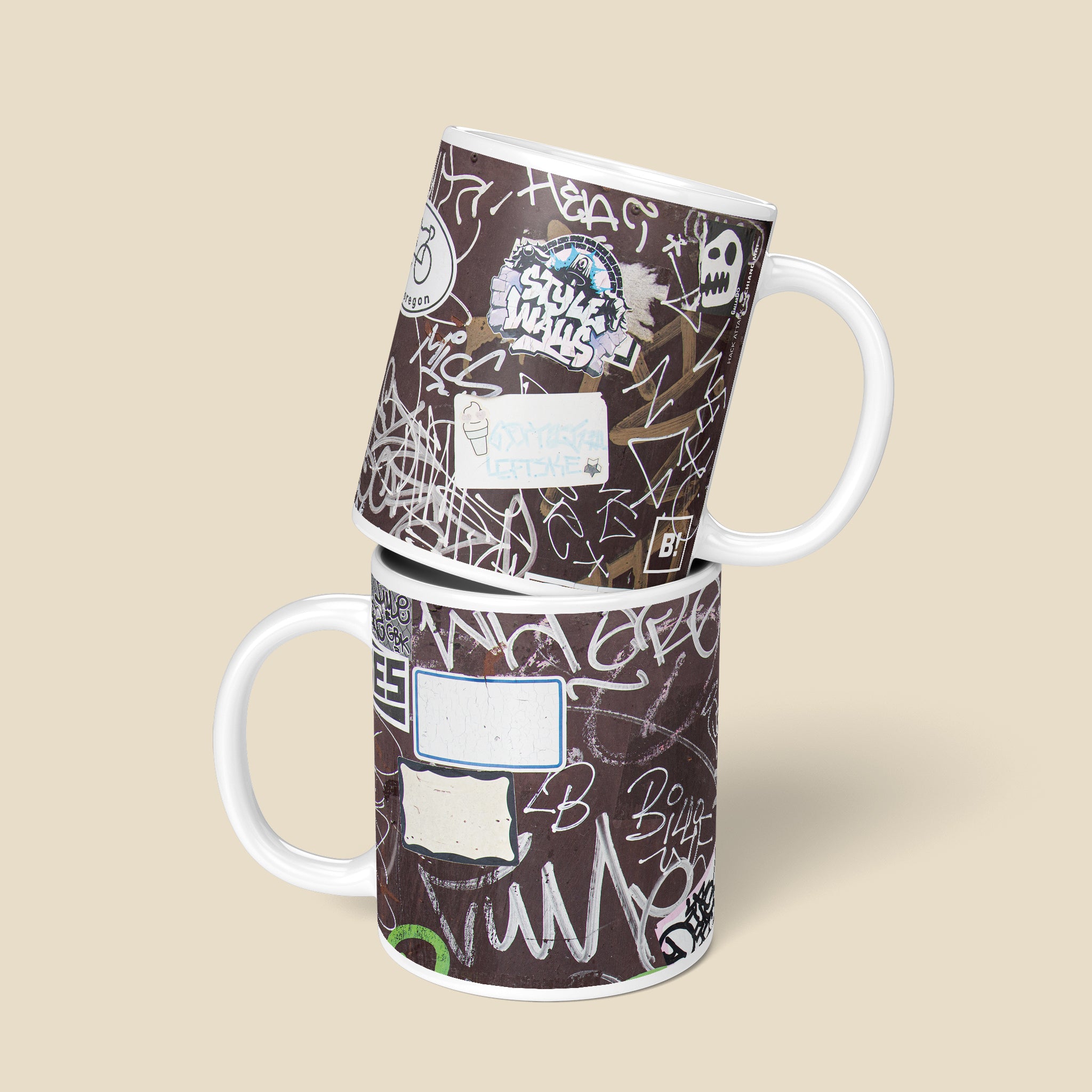 Be inspired by our Urban Art Coffee Mug "Hack Attakk - No1" from Chiang Mai. This mug features an 11oz size with a front and back view.