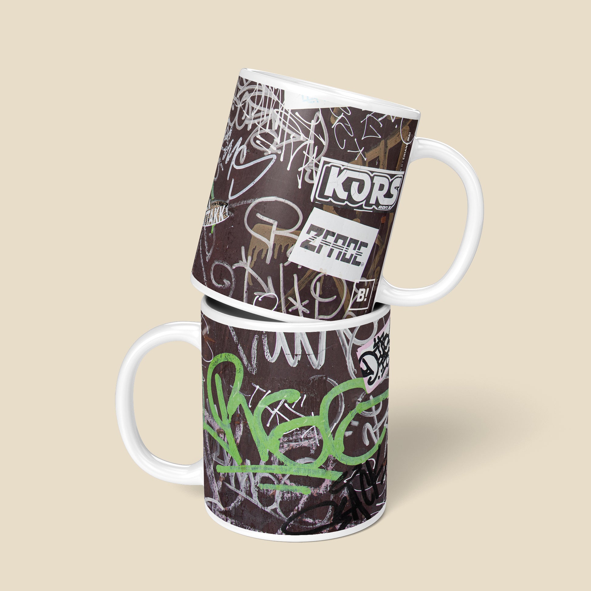 Be inspired by our Urban Art Coffee Mug "Hack Attakk - No2" from Chiang Mai. This mug features an 11oz size with a front and back view.