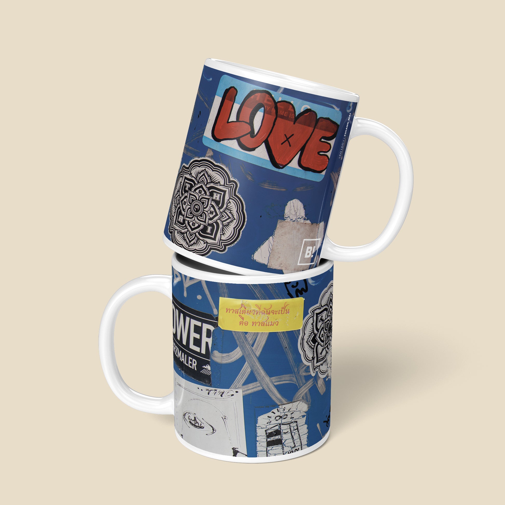 Be inspired by our Urban Art Coffee Mug "Leo Leo - No1" from Chiang Mai. This mug features an 11oz size with a front and back view.