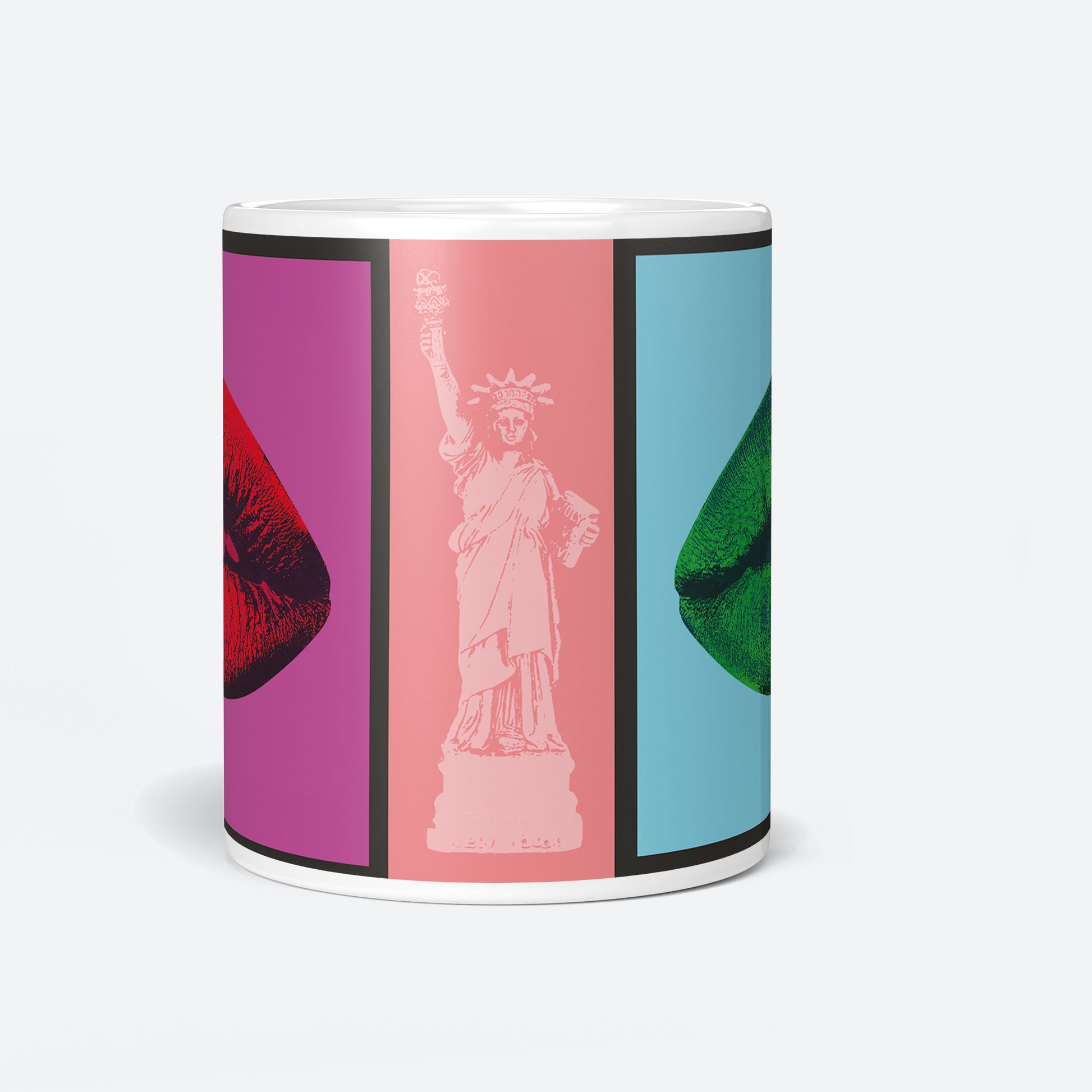 Front view of the Mon Amour Lady Liberty 11oz coffee mug with vibrant green lips, blue background, and bold pink Liberty silhouette.