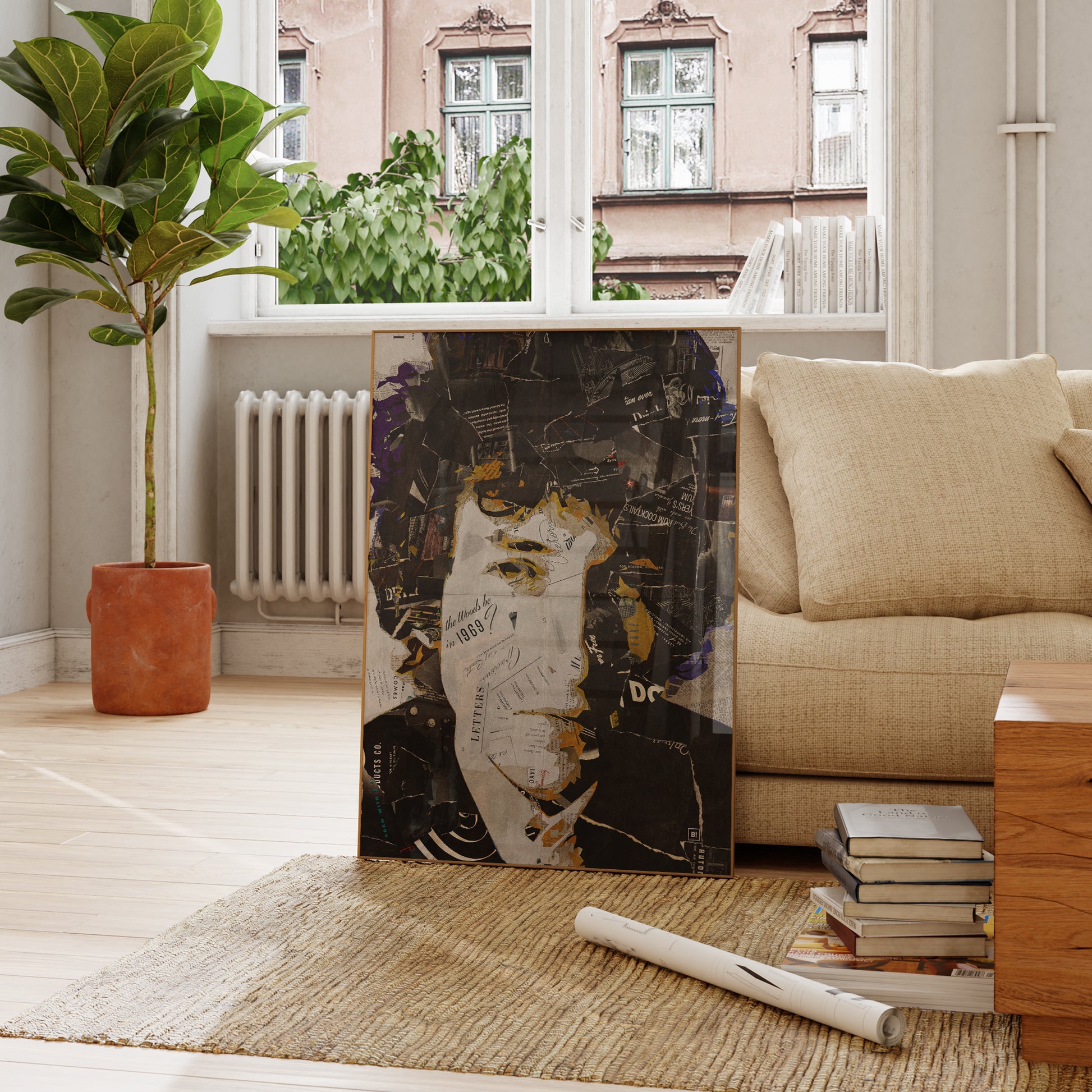 Be inspired by our iconic collage portrait art print of Bob Dylan. This artwork was printed using the giclée process on archival acid-free paper and is presented in a French living room, capturing its timeless beauty in every detail.