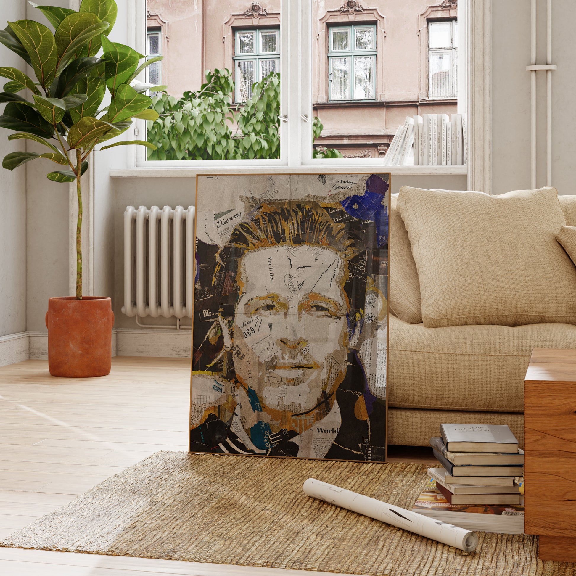 Be inspired by our iconic collage portrait art print of Brad Pitt. This artwork was printed using the giclée process on archival acid-free paper and is presented in a French living room, capturing its timeless beauty in every detail.