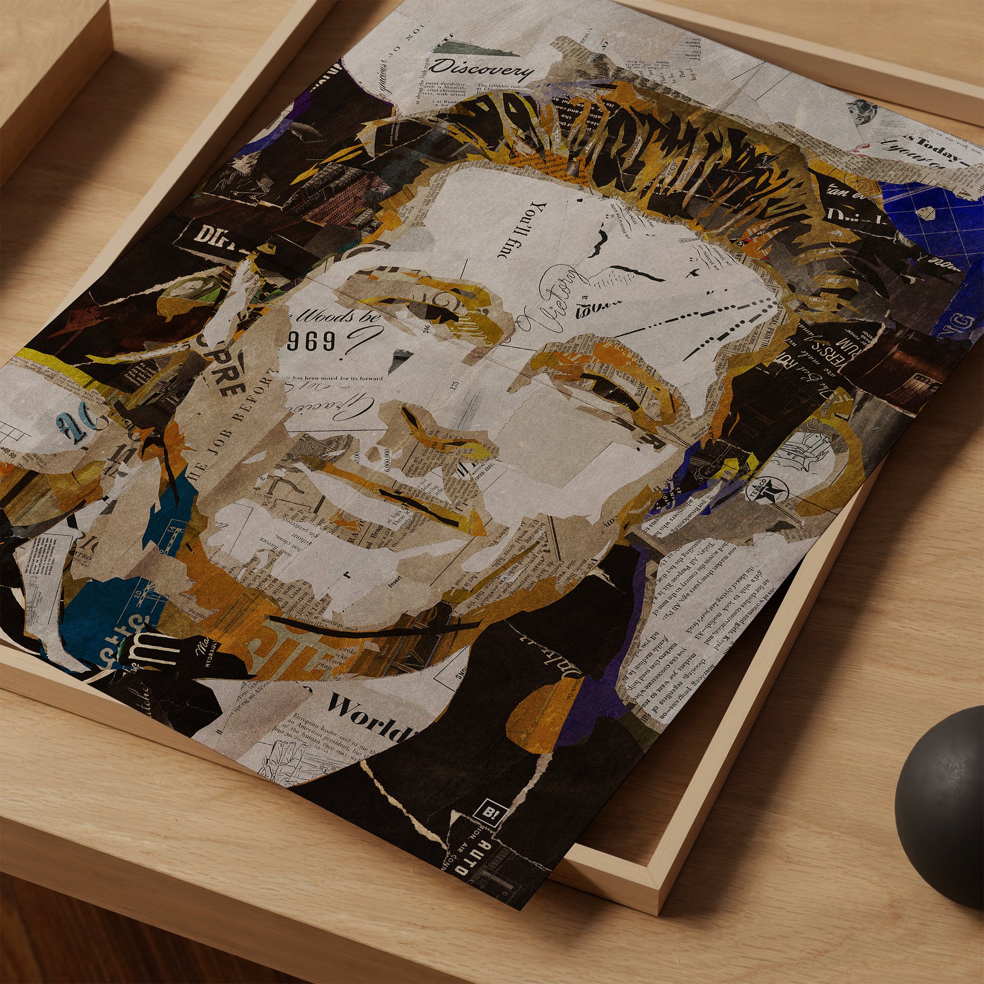 Be inspired by our iconic collage portrait art print of Brad Pitt. This artwork was printed using the giclée process on archival acid-free paper and is presented as a print close-up, capturing its timeless beauty in every detail.