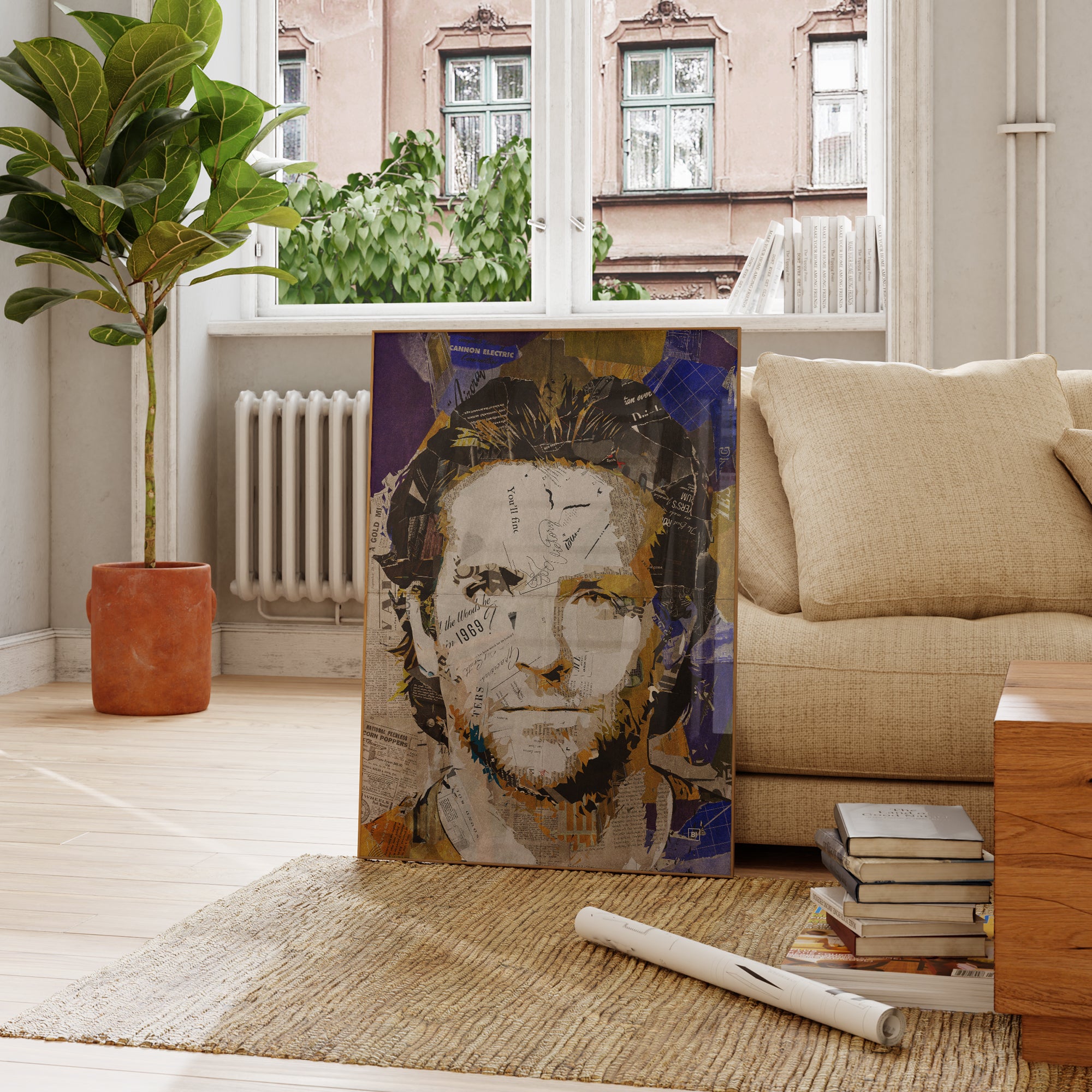 Be inspired by our iconic collage portrait art print of Bradley Cooper. This artwork was printed using the giclée process on archival acid-free paper and is presented in a French living room, capturing its timeless beauty in every detail.