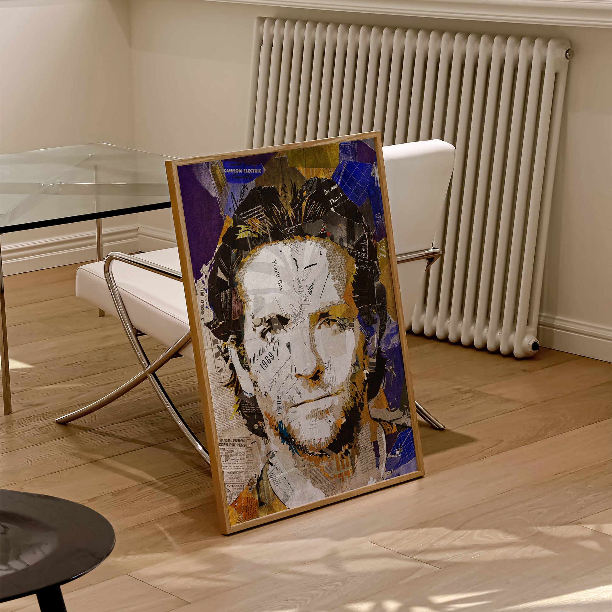 Be inspired by our iconic collage portrait art print of Bradley Cooper. This artwork was printed using the giclée process on archival acid-free paper and is presented in a natural oak frame, capturing its timeless beauty in every detail.