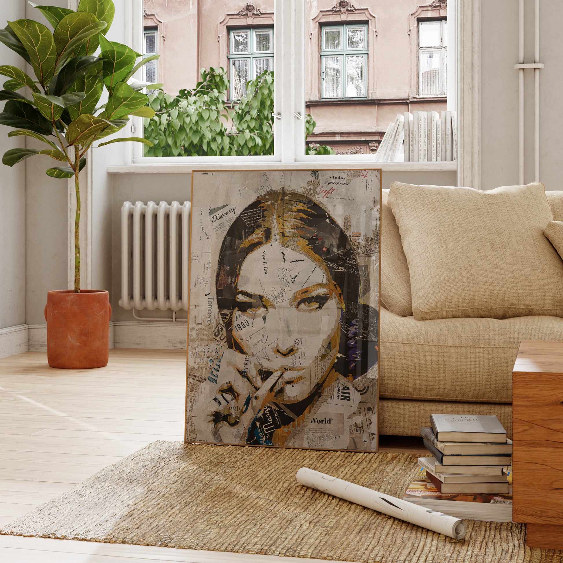 Be inspired by our iconic collage portrait art print of Carla Bruni. This artwork was printed using the giclée process on archival acid-free paper and is presented in a French living room, capturing its timeless beauty in every detail.