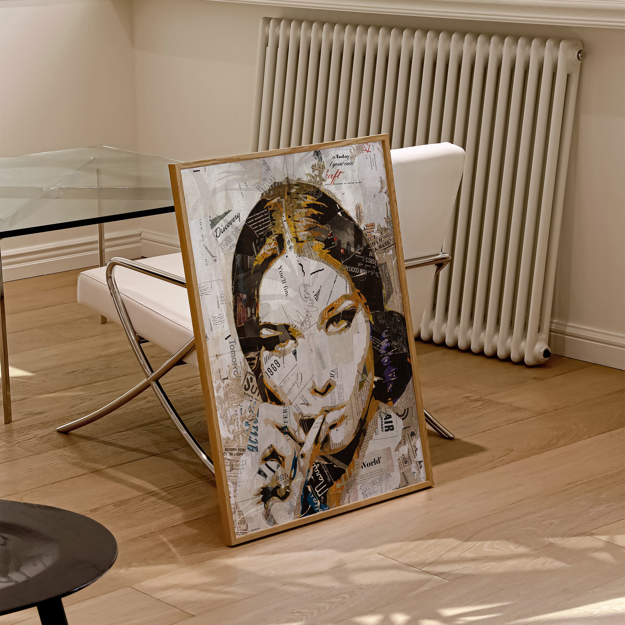 Be inspired by our iconic collage portrait art print of Carla Bruni. This artwork was printed using the giclée process on archival acid-free paper and is presented in a natural oak frame, capturing its timeless beauty in every detail.