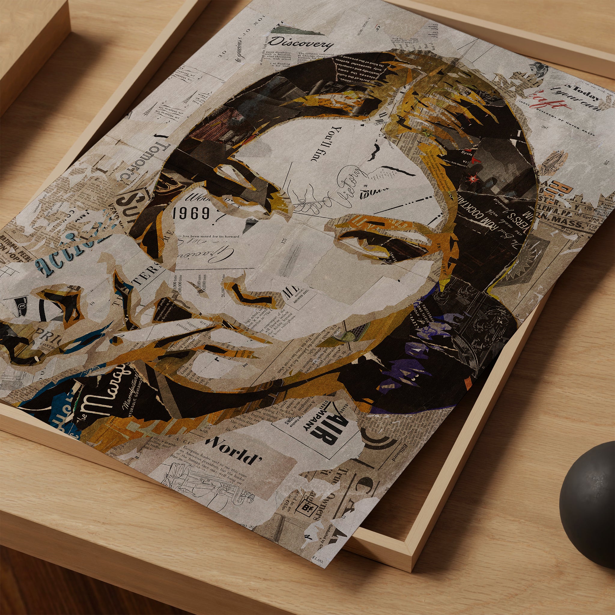Be inspired by our iconic collage portrait art print of Carla Bruni. This artwork was printed using the giclée process on archival acid-free paper and is presented as a print close-up, capturing its timeless beauty in every detail.