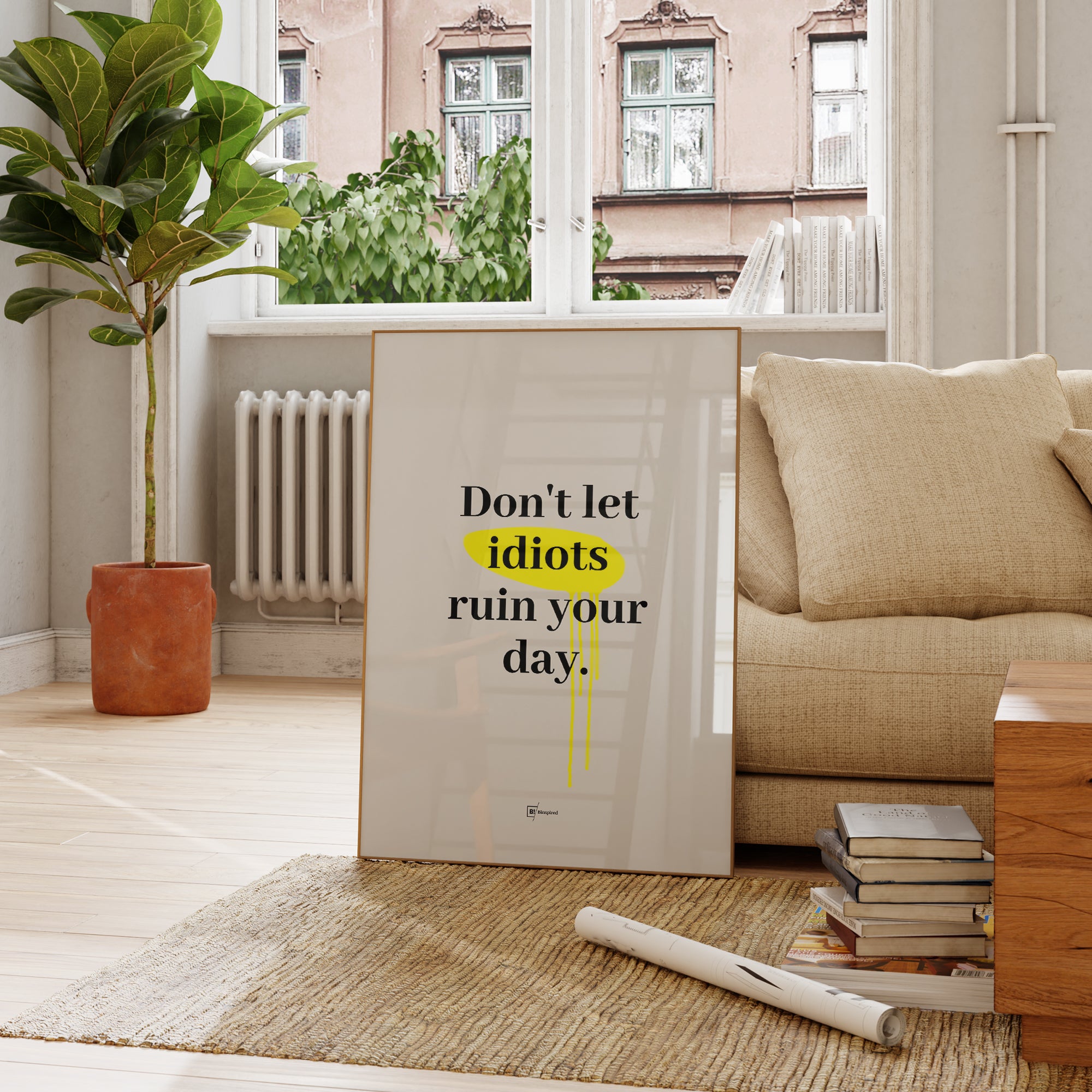 Be inspired by our "Don't let idiots ruin your day" quote art print! This artwork was printed using the giclée process on archival acid-free paper and is presented in a french living room that captures its timeless beauty in every detail.