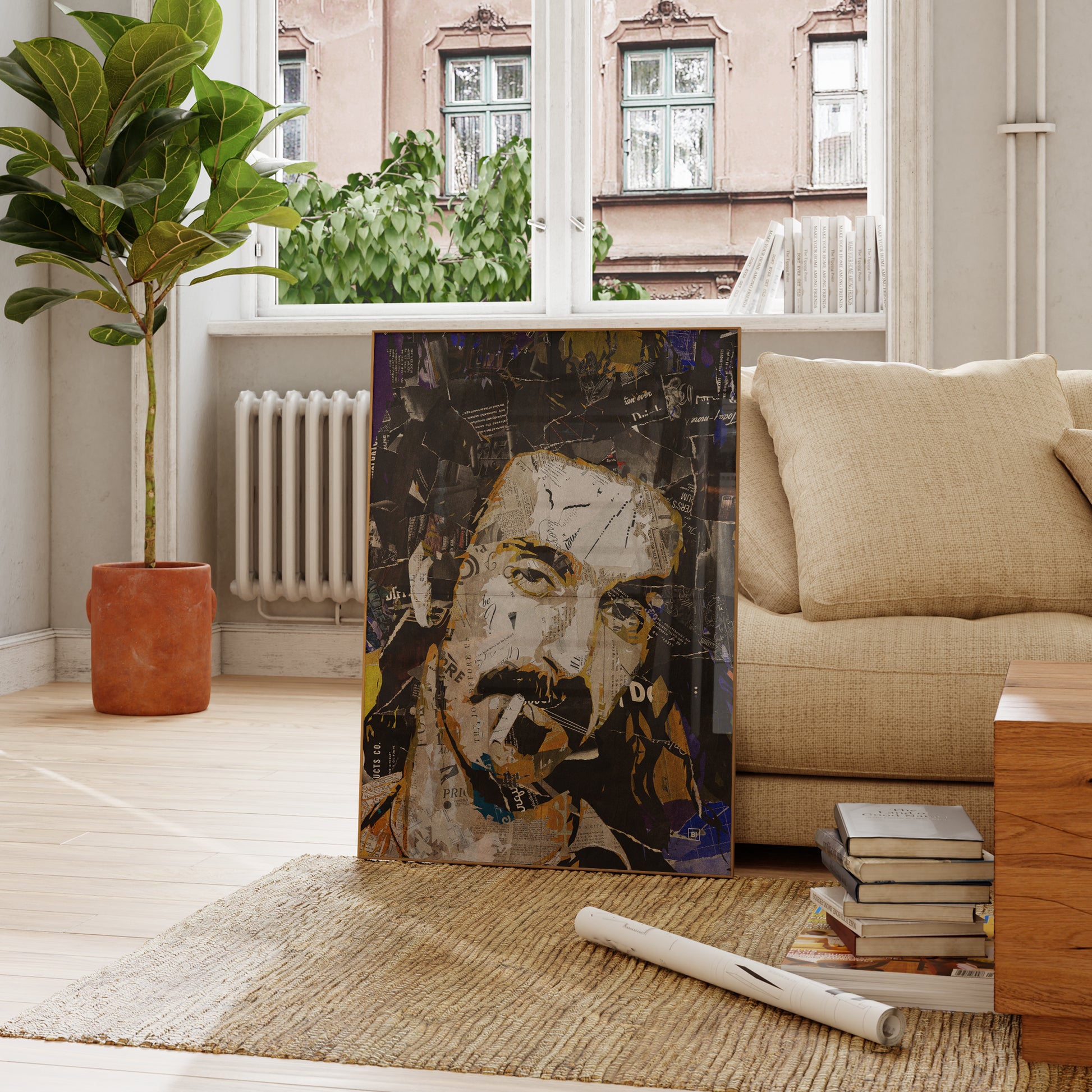 Be inspired by our iconic collage portrait art print of Frank Zappa. This artwork was printed using the giclée process on archival acid-free paper and is presented in a French living room, capturing its timeless beauty in every detail.