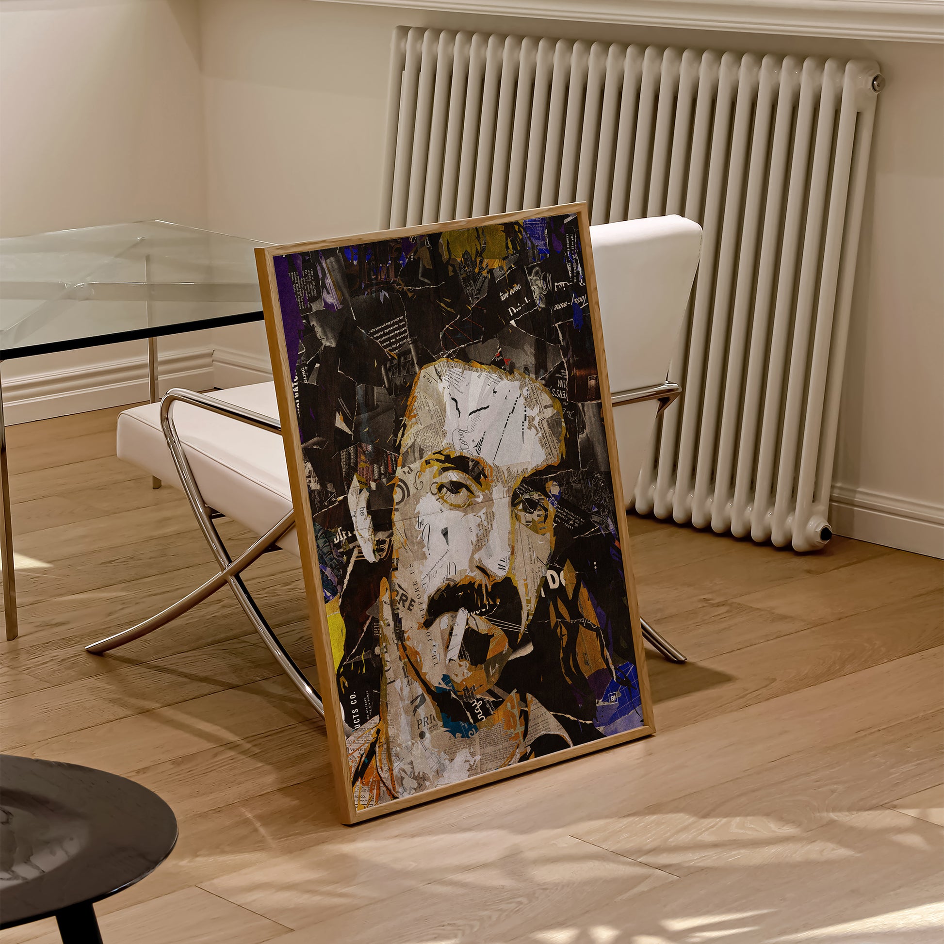 Be inspired by our iconic collage portrait art print of Frank Zappa. This artwork was printed using the giclée process on archival acid-free paper and is presented in a natural oak frame, capturing its timeless beauty in every detail.