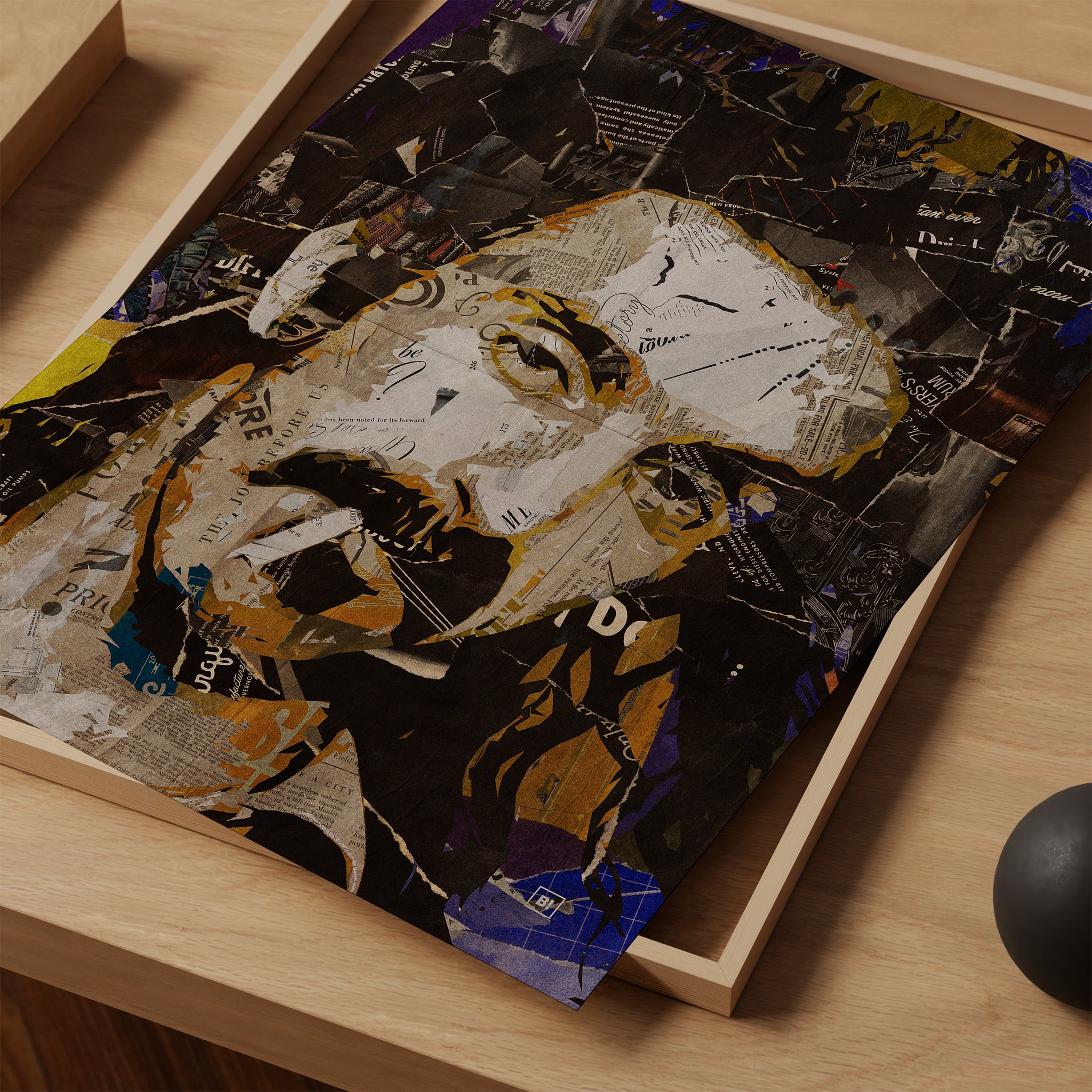 Be inspired by our iconic collage portrait art print of Frank Zappa. This artwork was printed using the giclée process on archival acid-free paper and is presented as a print close-up, capturing its timeless beauty in every detail.