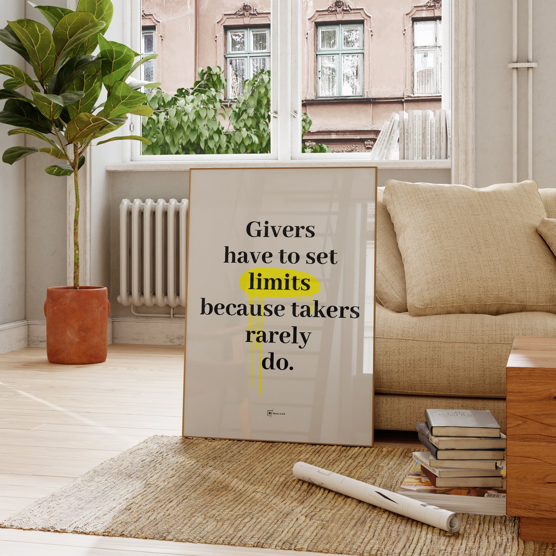 Be inspired by Henry Ford's famous "Givers have to set limits because takers rarely do" quote art print. This artwork was printed using the giclée process on archival acid-free paper and is presented in a french living room that captures its timeless beauty in every detail.
