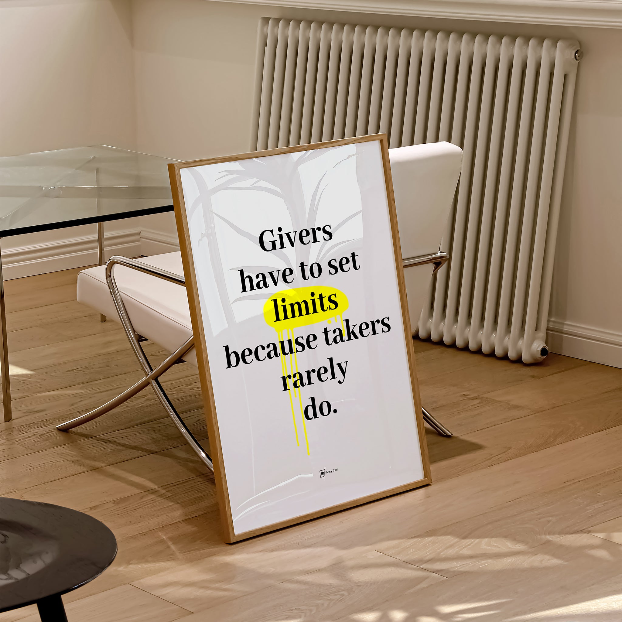 Be inspired by Henry Ford's famous "Givers have to set limits because takers rarely do" quote art print. This artwork was printed using the giclée process on archival acid-free paper and is presented in a natural oak frame that captures its timeless beauty in every detail.
