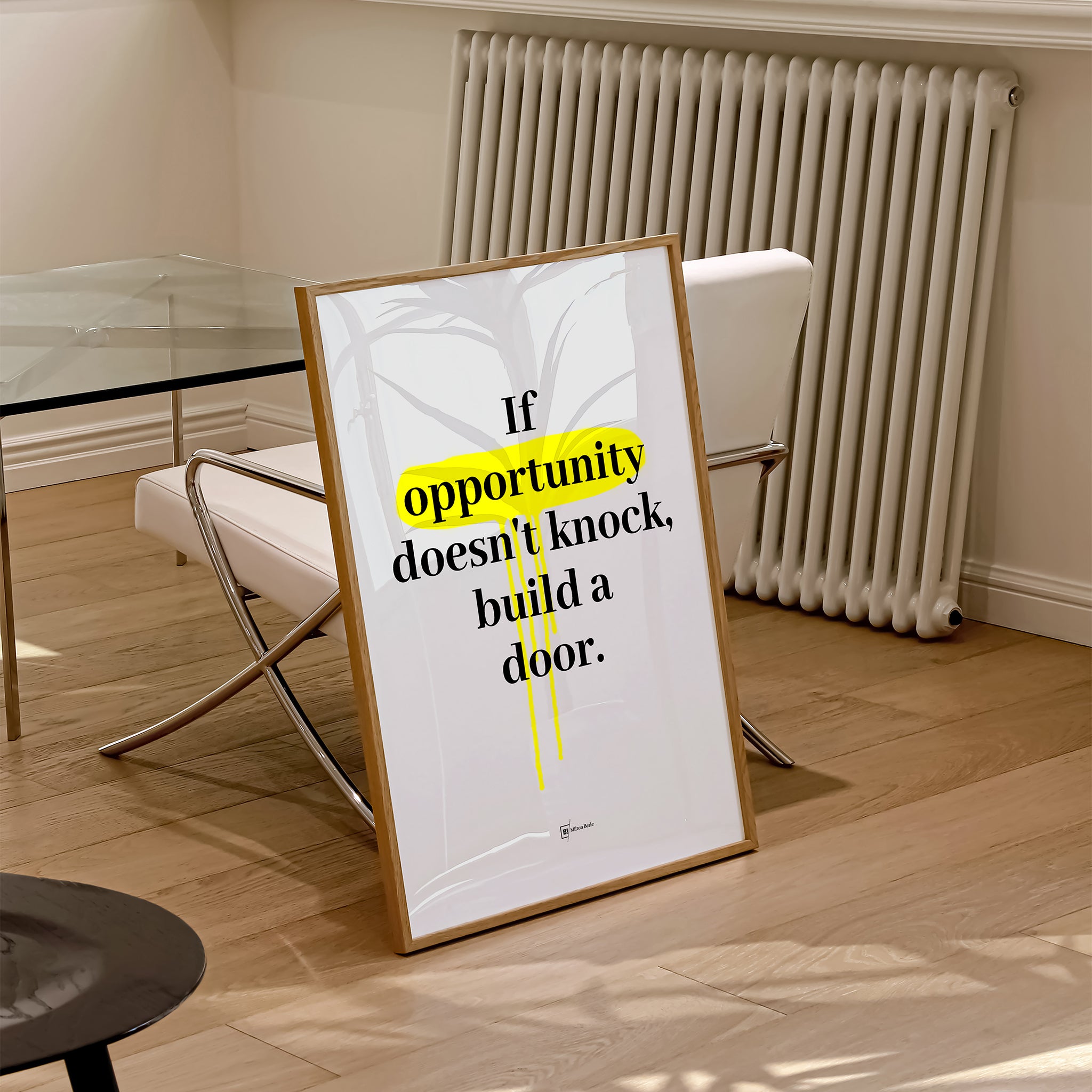 Be inspired by Milton Berle's famous "If opportunity doesn't knock, build a door" quote art print. This artwork was printed using the giclée process on archival acid-free paper and is presented in a natural oak frame that captures its timeless beauty in every detail.