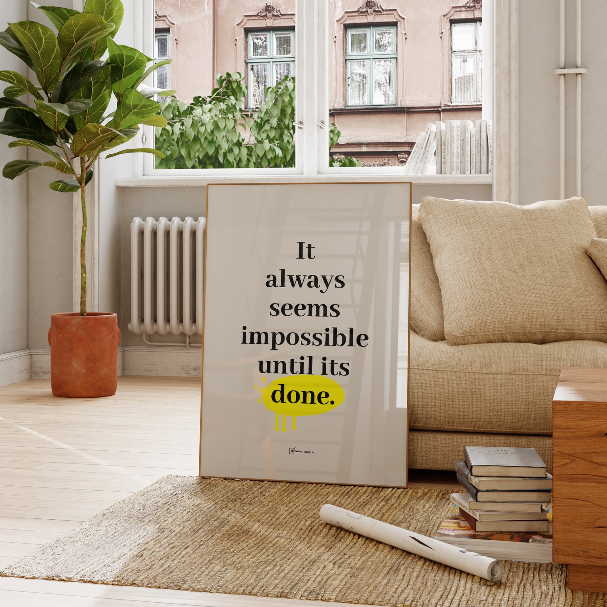 Be inspired by Nelson Mandela's famous "It always seems impossible until its done" quote art print. This artwork was printed using the giclée process on archival acid-free paper and is presented in a french living room that captures its timeless beauty in every detail.