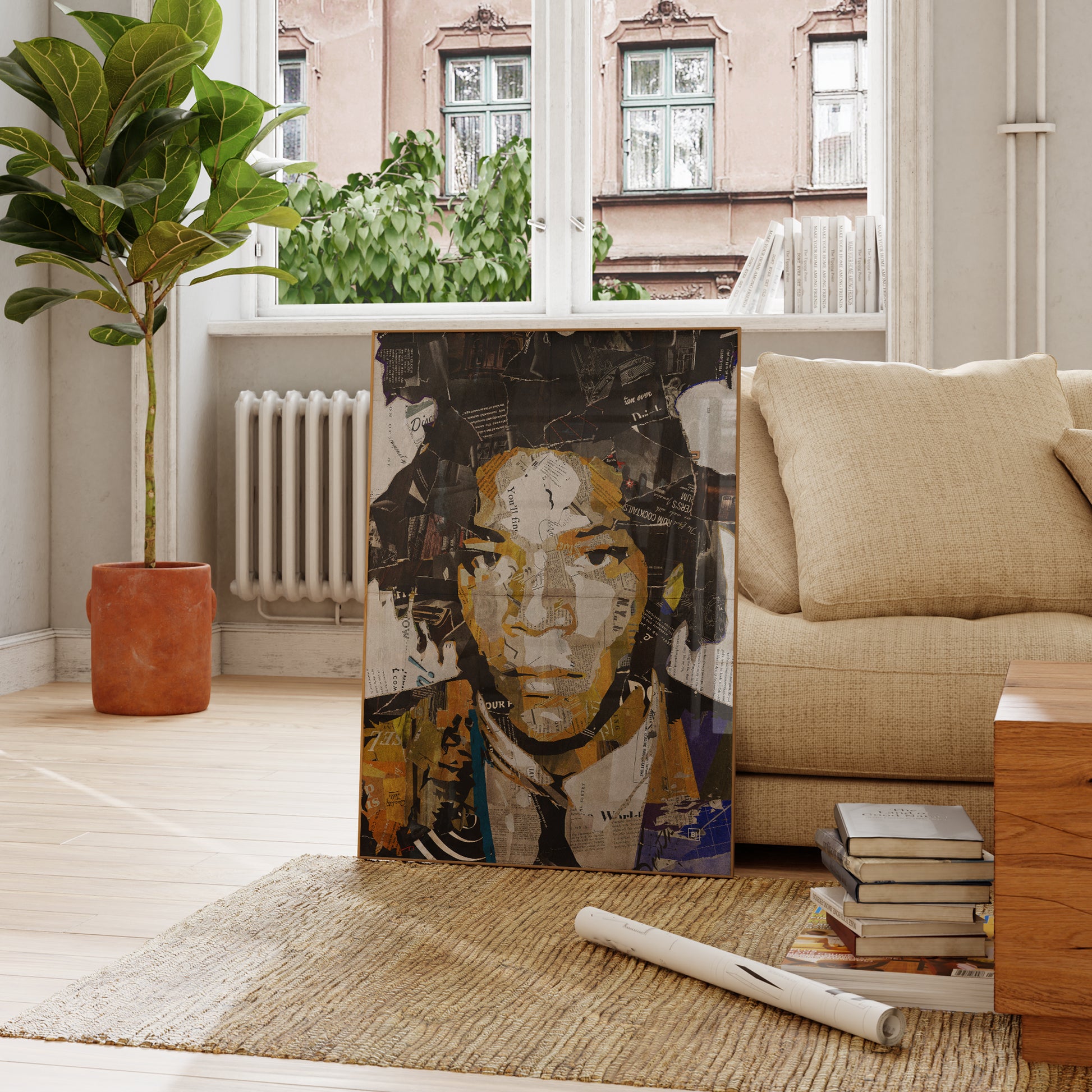 Be inspired by our iconic collage portrait art print of Jean-Michel Basquiat. This artwork was printed using the giclée process on archival acid-free paper and is presented in a French living room, capturing its timeless beauty in every detail.