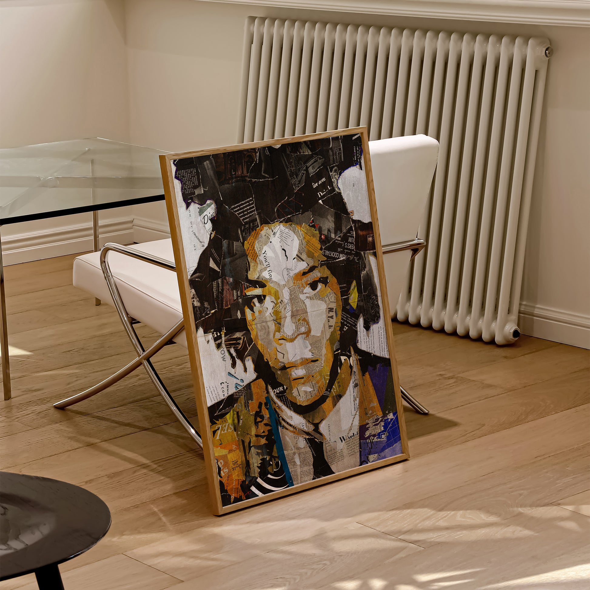 Be inspired by our iconic collage portrait art print of Jean-Michel Basquiat. This artwork was printed using the giclée process on archival acid-free paper and is presented in a natural oak frame, capturing its timeless beauty in every detail.