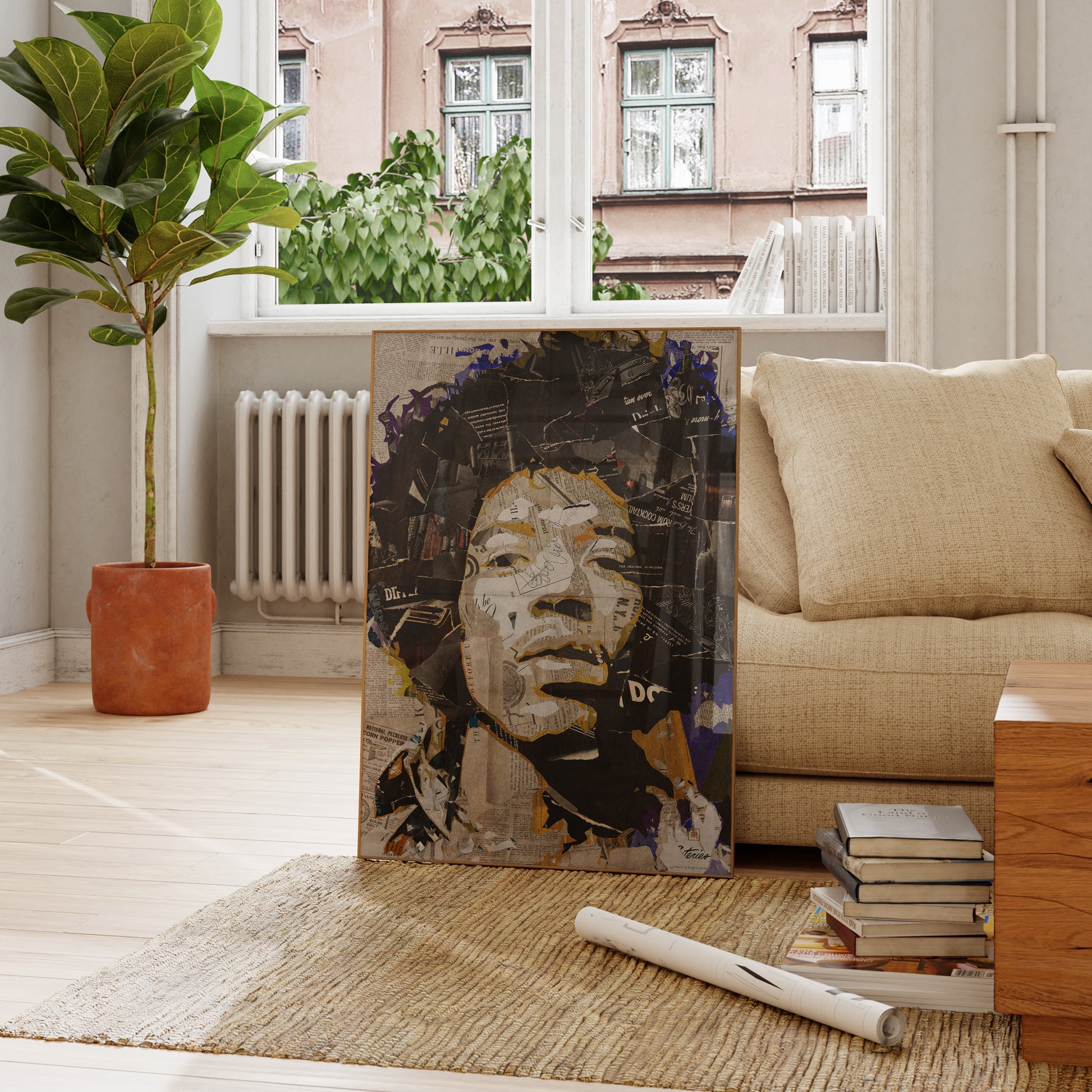 Be inspired by our iconic collage portrait art print of Jimi Hendrix. This artwork was printed using the giclée process on archival acid-free paper and is presented in a French living room, capturing its timeless beauty in every detail.