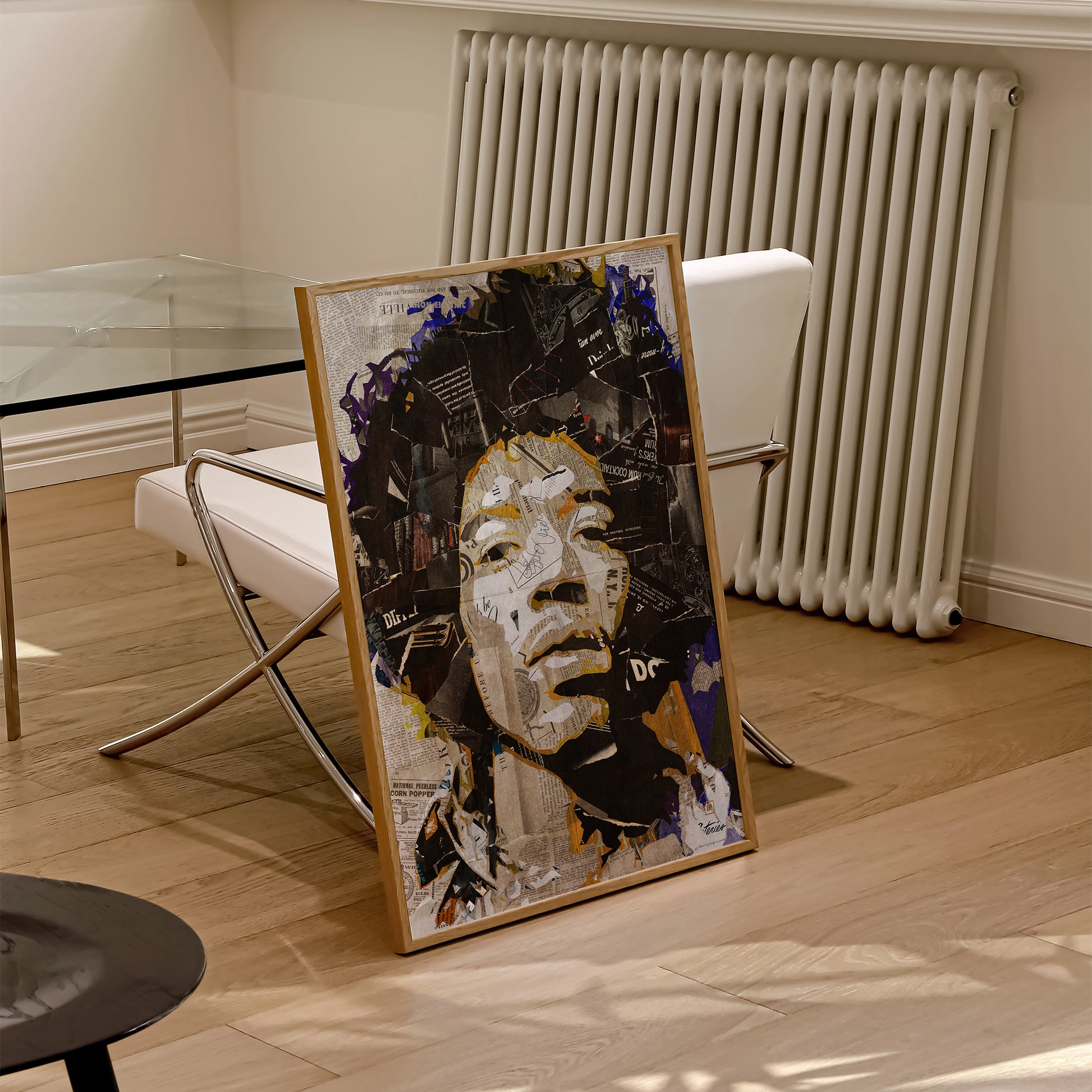 Be inspired by our iconic collage portrait art print of Jimi Hendrix. This artwork was printed using the giclée process on archival acid-free paper and is presented in a natural oak frame, capturing its timeless beauty in every detail.