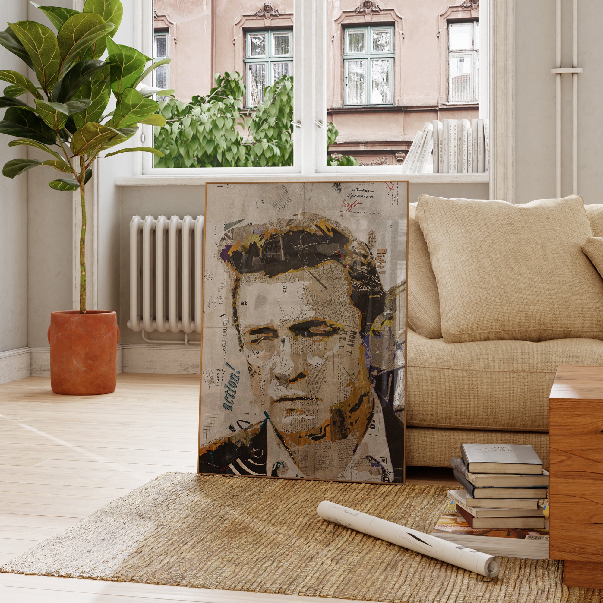 Be inspired by our iconic collage portrait art print of Johnny Cash. This artwork was printed using the giclée process on archival acid-free paper and is presented in a French living room, capturing its timeless beauty in every detail.