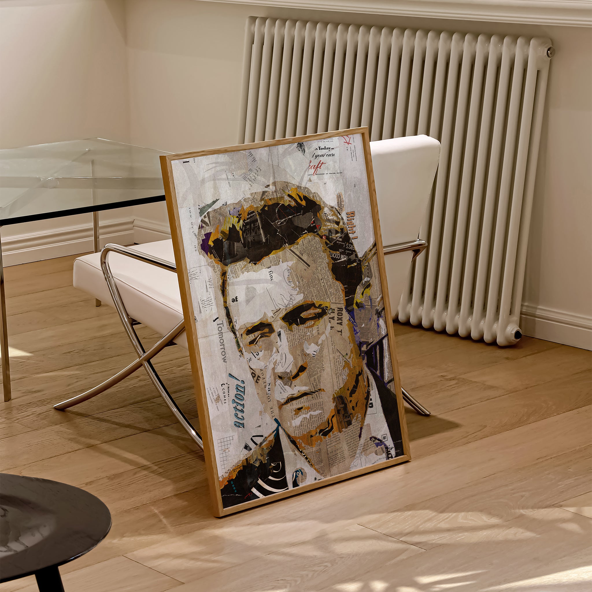 Be inspired by our iconic collage portrait art print of Johnny Cash. This artwork was printed using the giclée process on archival acid-free paper and is presented in a natural oak frame, capturing its timeless beauty in every detail.