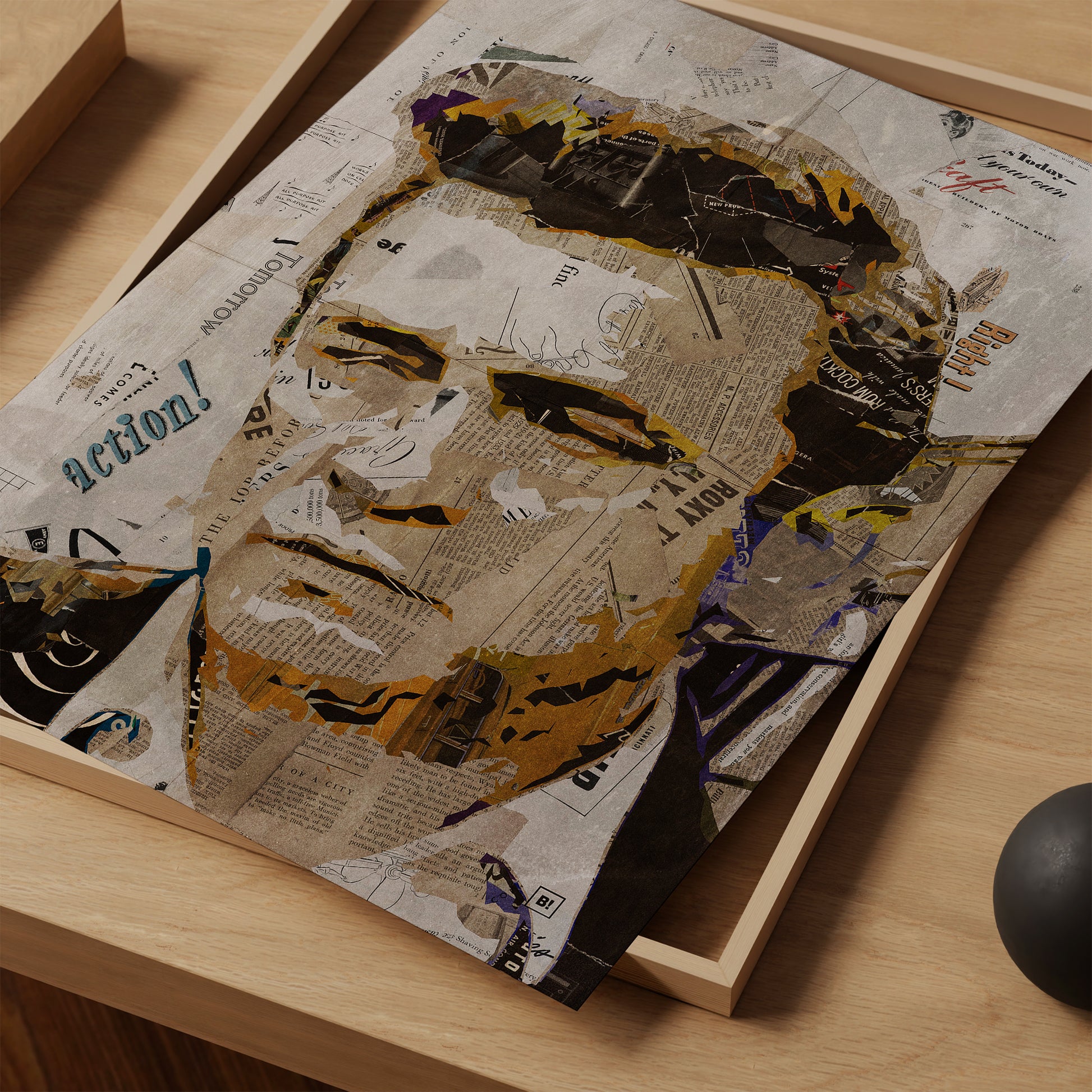 Be inspired by our iconic collage portrait art print of Johnny Cash. This artwork was printed using the giclée process on archival acid-free paper and is presented as a print close-up, capturing its timeless beauty in every detail.