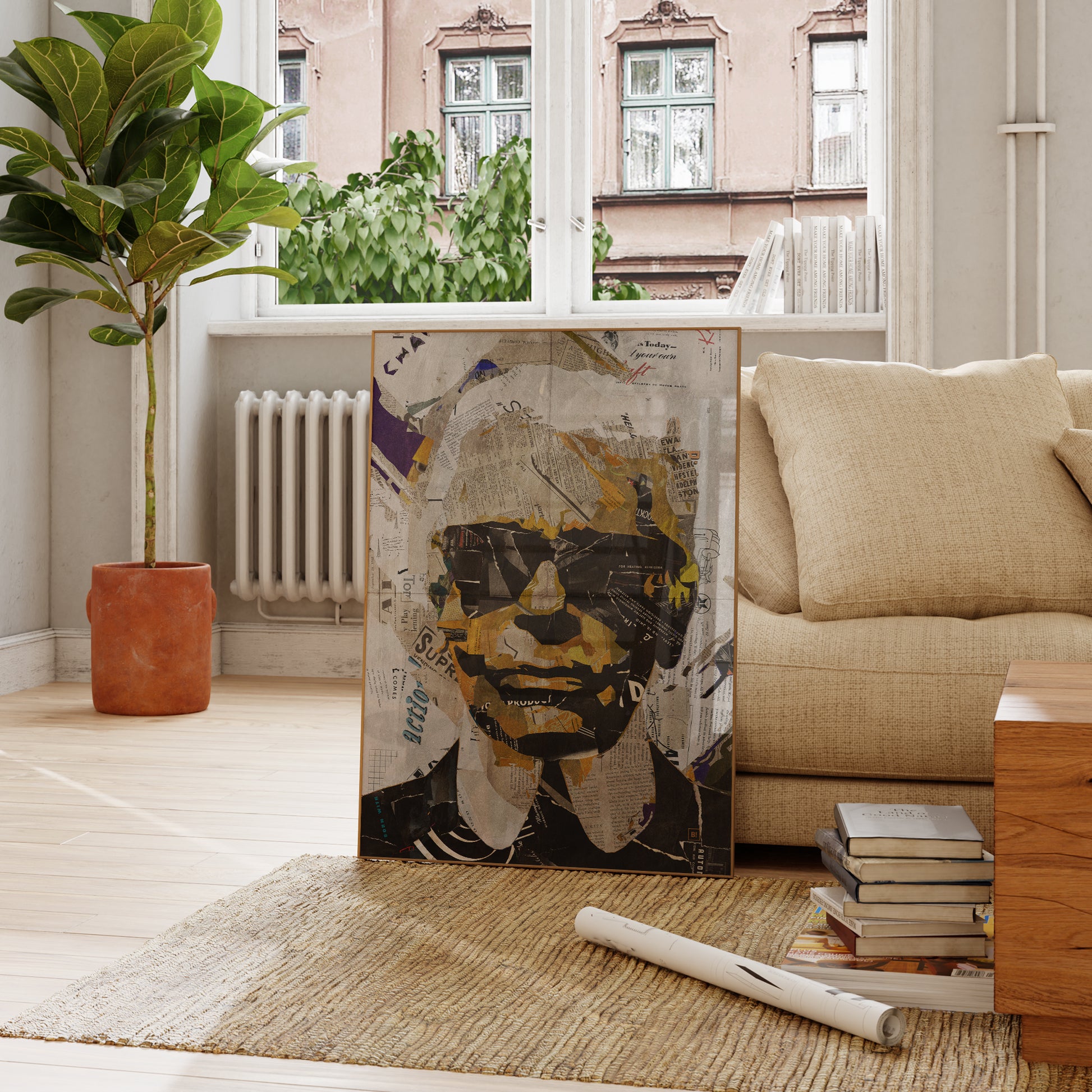 Be inspired by our iconic collage portrait art print of Karl Lagerfeld. This artwork was printed using the giclée process on archival acid-free paper and is presented in a French living room, capturing its timeless beauty in every detail.
