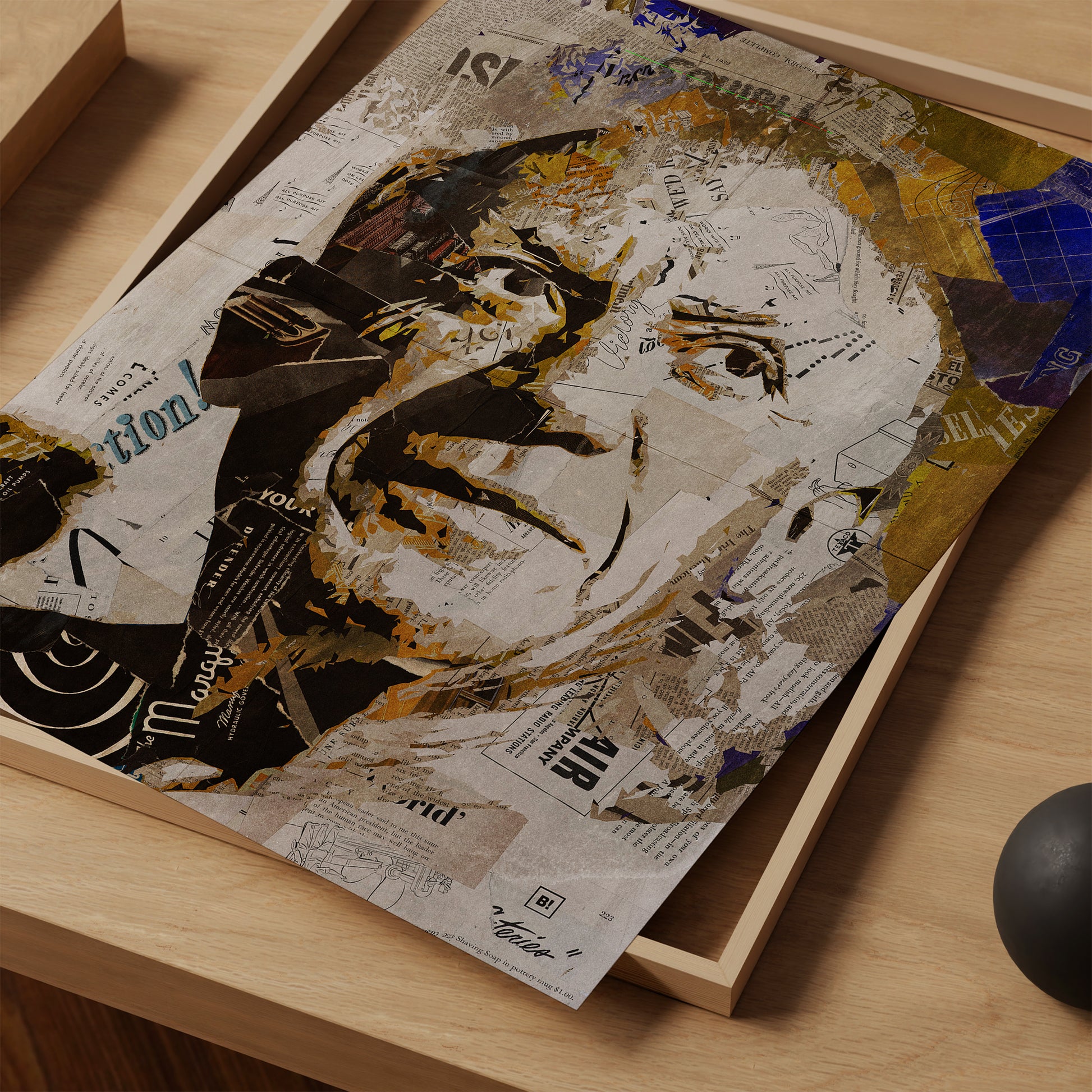Be inspired by our iconic collage portrait art print of Pablo Picasso. This artwork was printed using the giclée process on archival acid-free paper and is presented as a print close-up, capturing its timeless beauty in every detail.