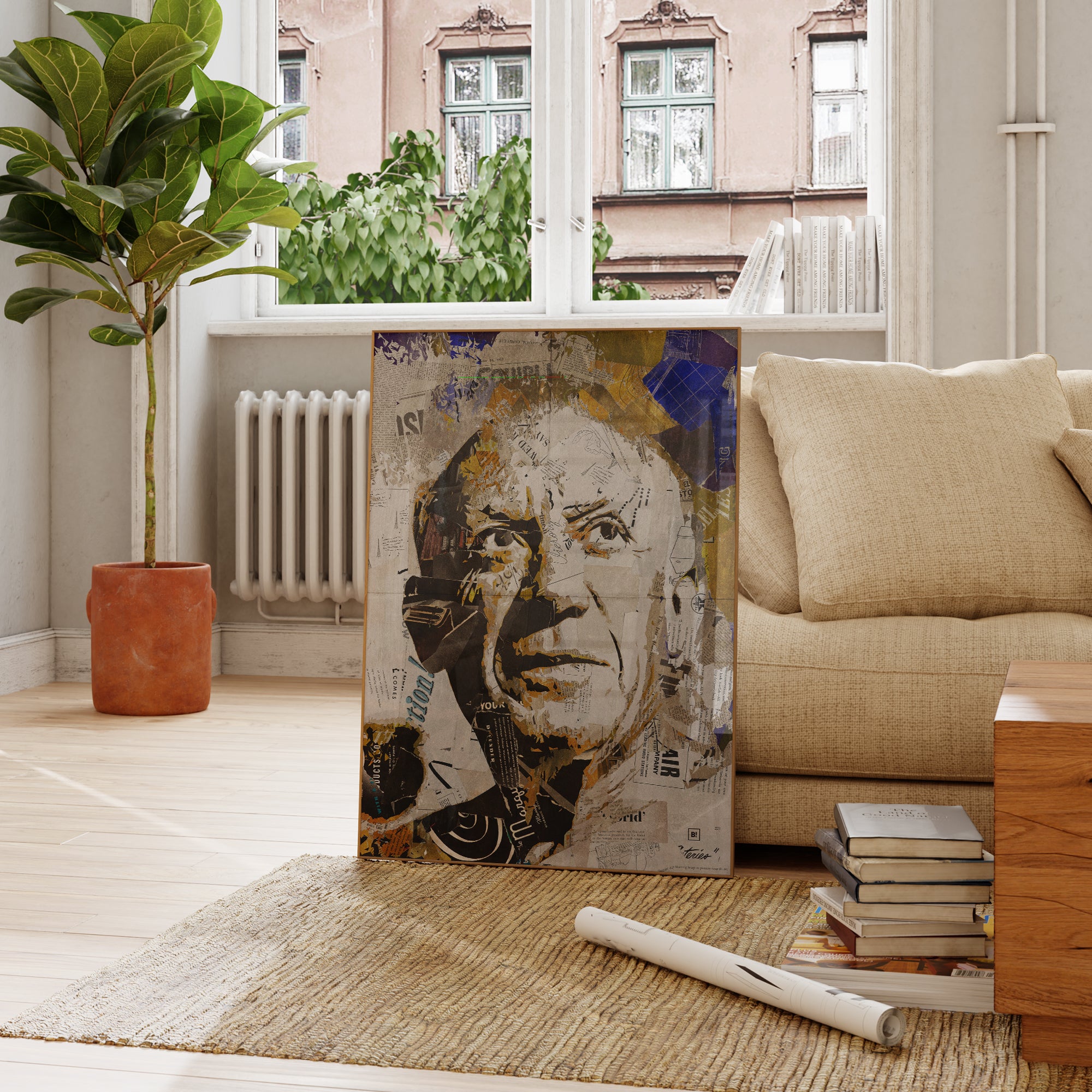 Be inspired by our iconic collage portrait art print of Pablo Picasso. This artwork was printed using the giclée process on archival acid-free paper and is presented in a French living room, capturing its timeless beauty in every detail.
