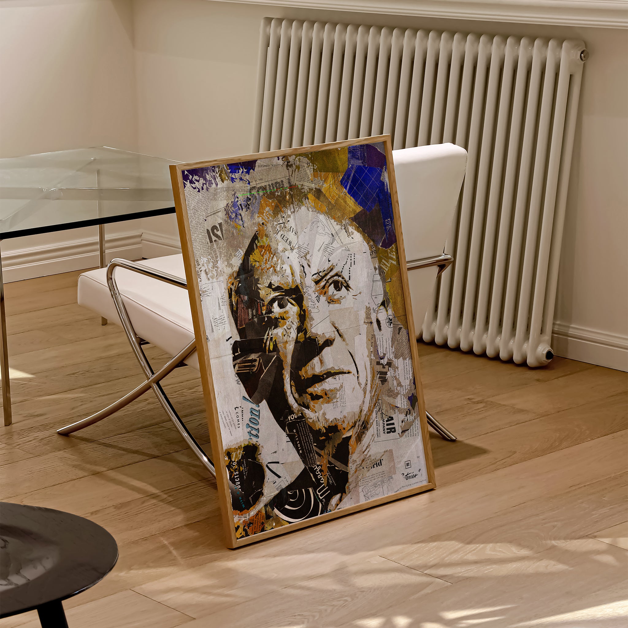 Be inspired by our iconic collage portrait art print of Pablo Picasso. This artwork was printed using the giclée process on archival acid-free paper and is presented in a natural oak frame, capturing its timeless beauty in every detail.