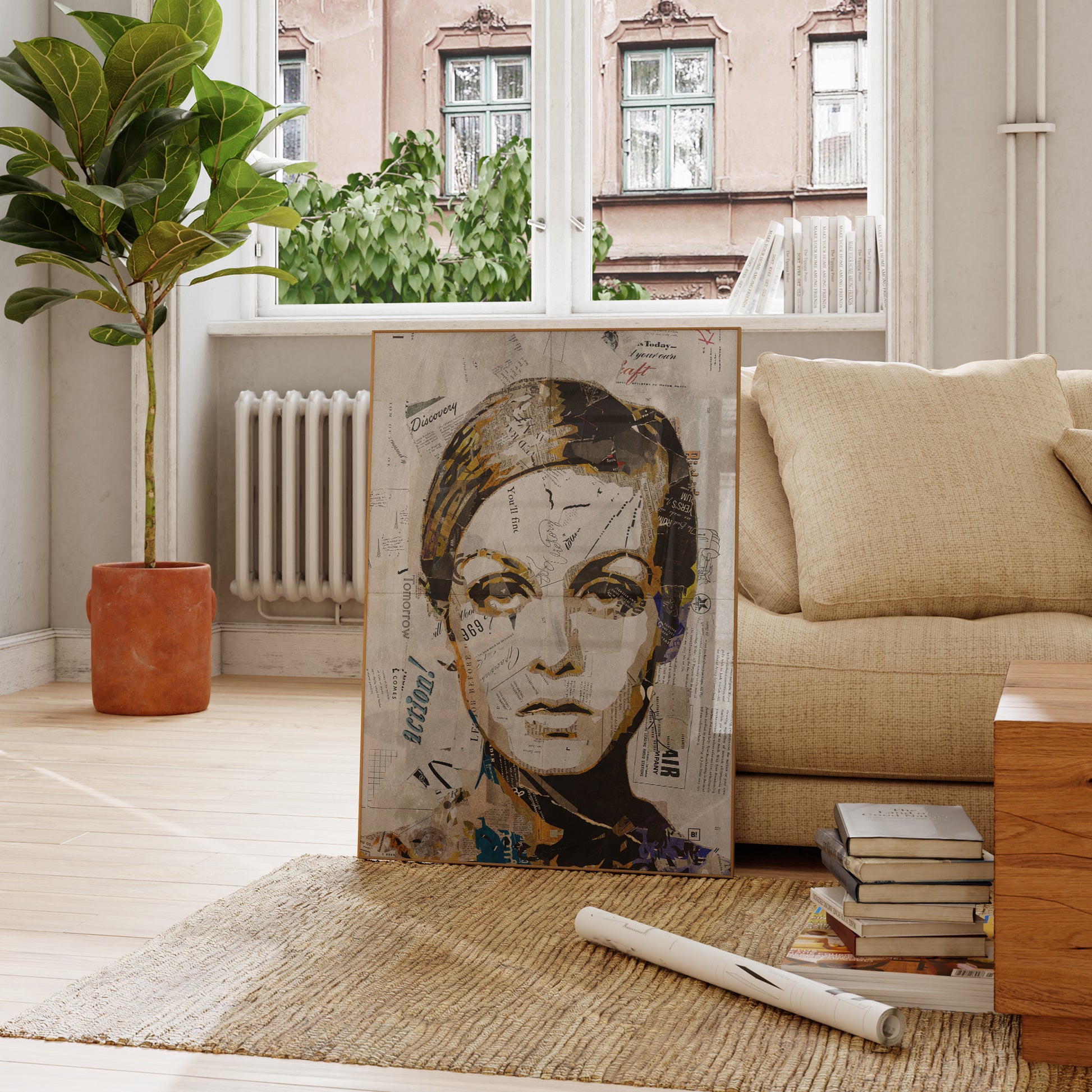 Be inspired by our iconic collage portrait art print of Twiggy. This artwork was printed using the giclée process on archival acid-free paper and is presented in a French living room, capturing its timeless beauty in every detail.