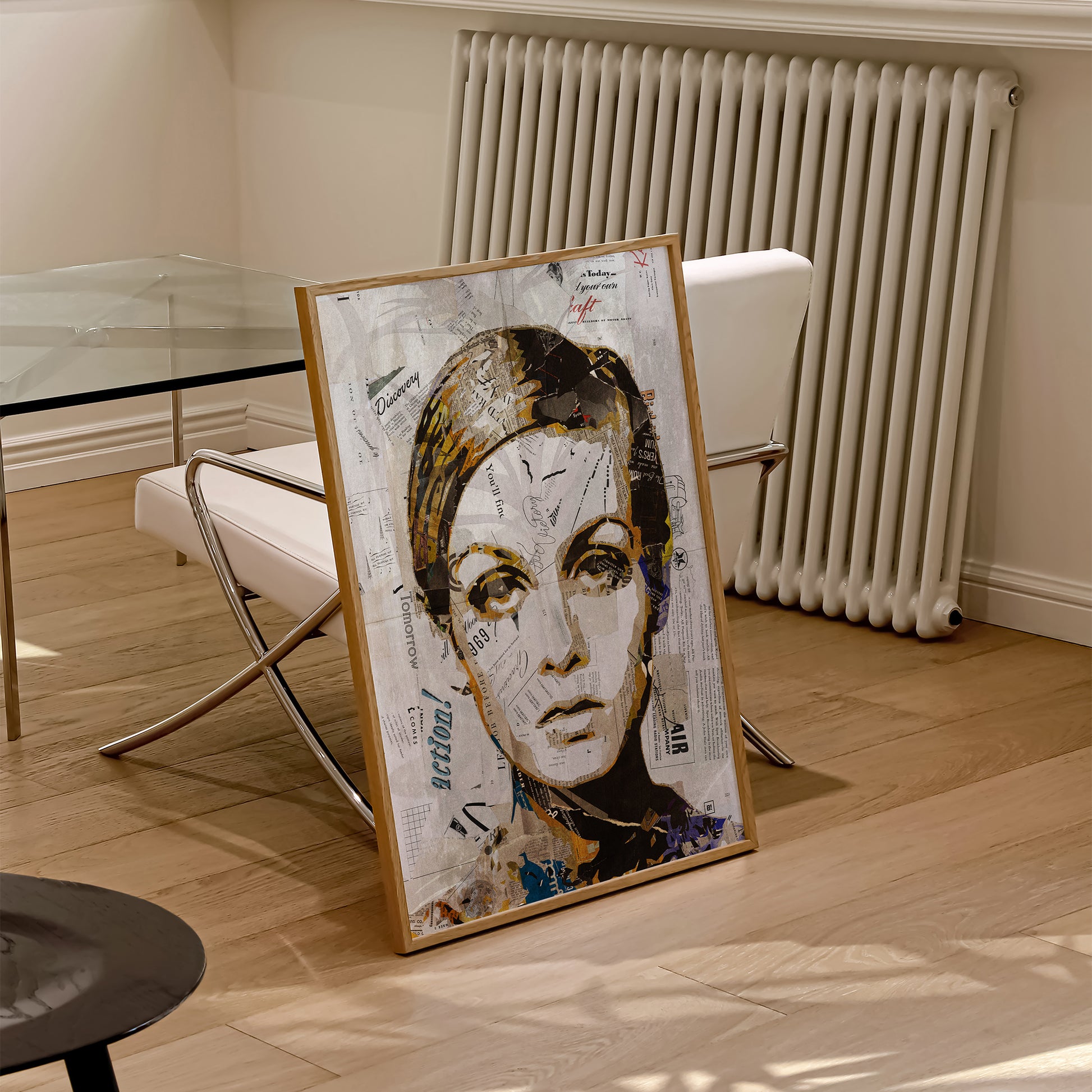 Be inspired by our iconic collage portrait art print of Twiggy. This artwork was printed using the giclée process on archival acid-free paper and is presented in a natural oak frame, capturing its timeless beauty in every detail.