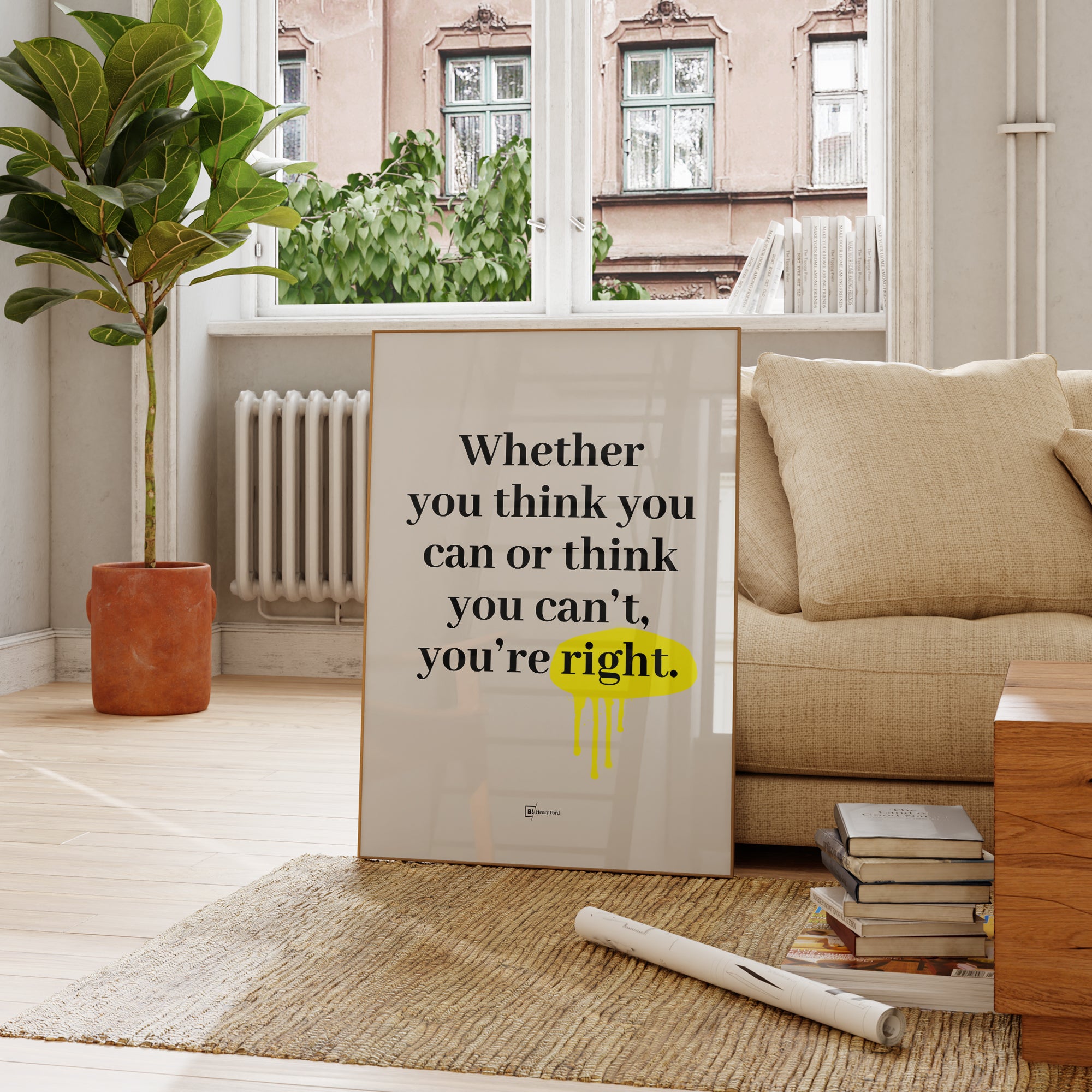 Be inspired by Henry Ford's famous "Whether you think you can or think you can't, you're right" quote art print. This artwork was printed using the giclée process on archival acid-free paper and is presented in a french living room that captures its timeless beauty in every detail.