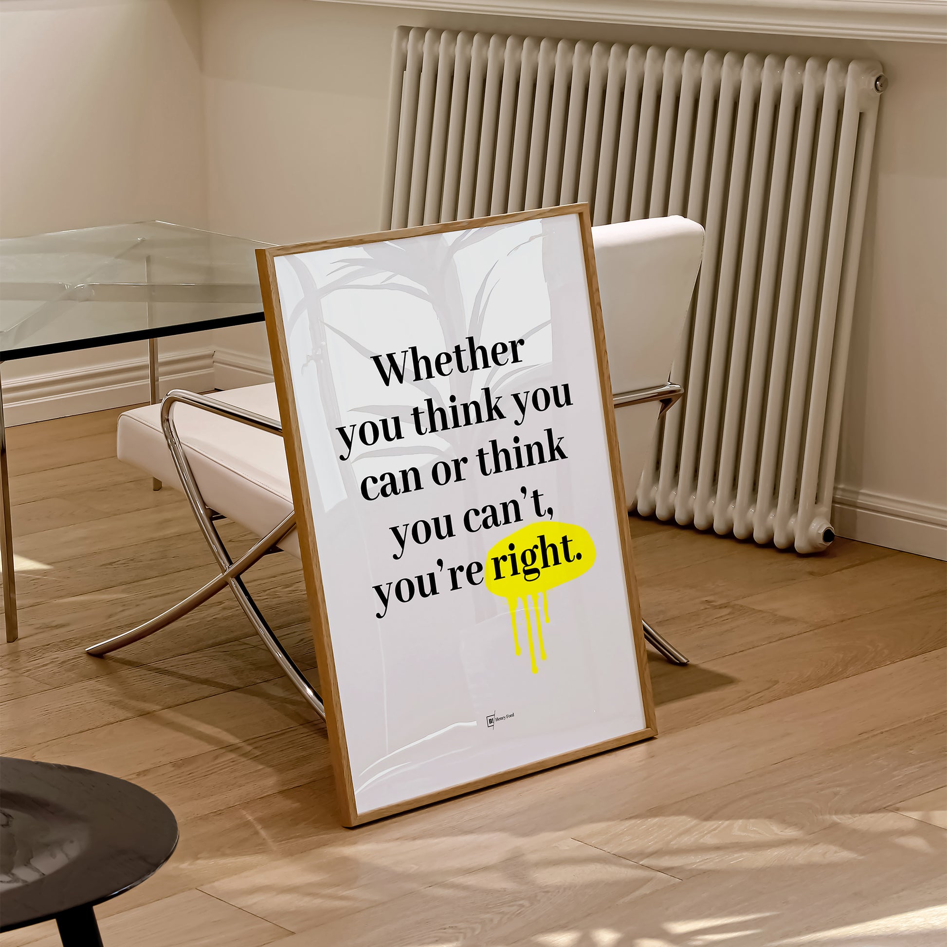 Be inspired by Henry Ford's famous "Whether you think you can or think you can't, you're right" quote art print. This artwork was printed using the giclée process on archival acid-free paper and is presented in a natural oak frame that captures its timeless beauty in every detail.