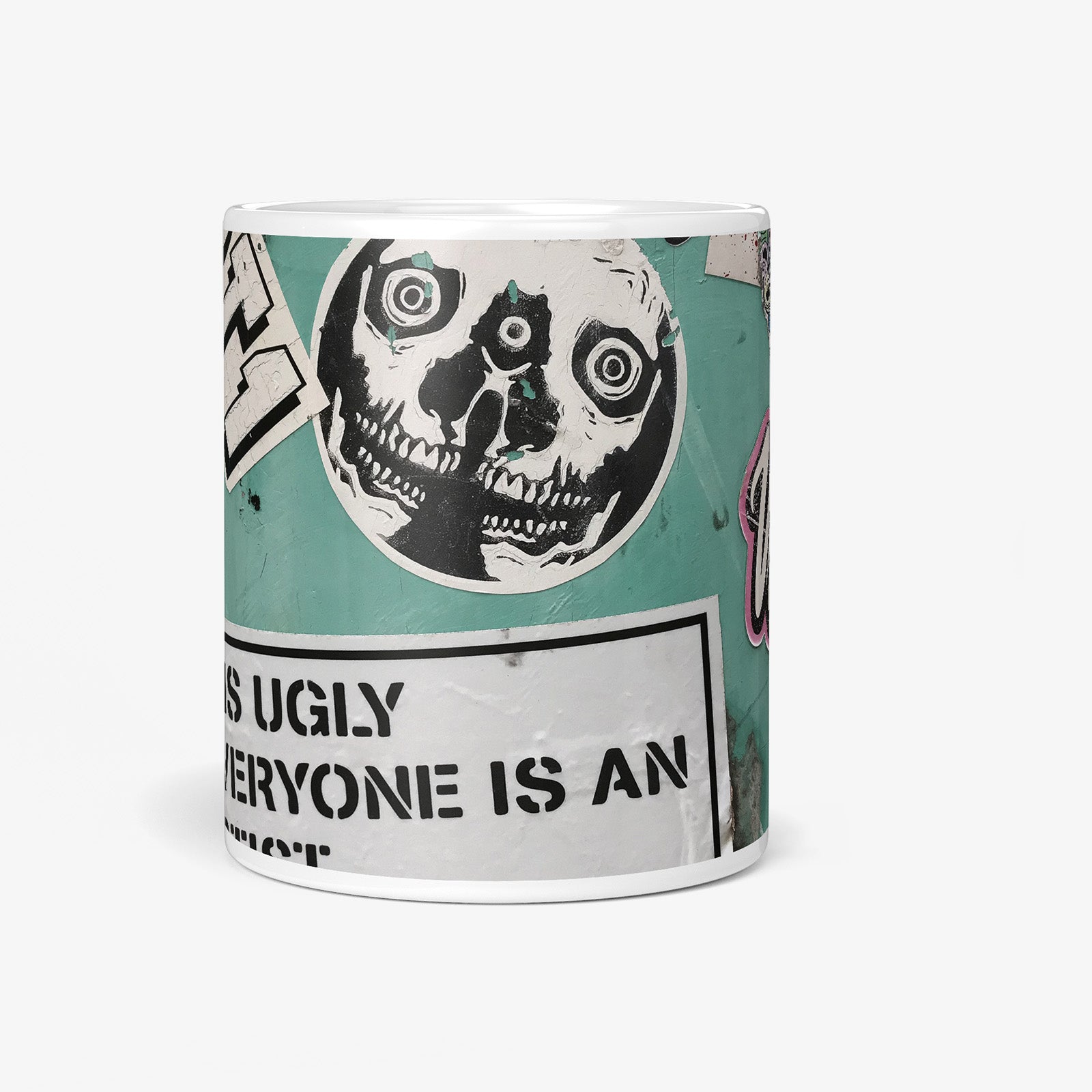 Be inspired by our Urban Art Coffee Mug "Art Is Ugly" from Bangkok. This mug features an 11oz size with a front view.