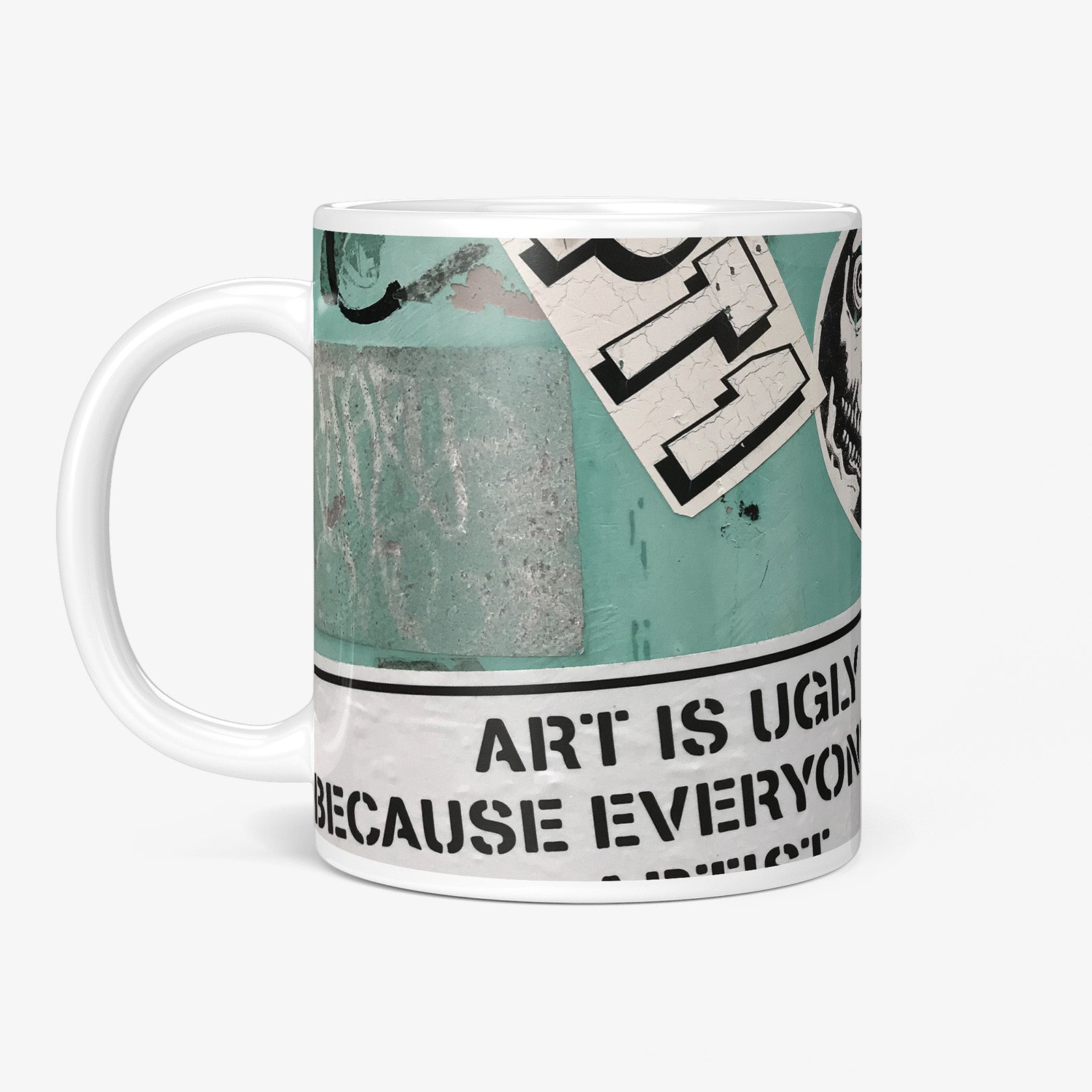 Be inspired by our Urban Art Coffee Mug "Art Is Ugly" from Bangkok. This mug features an 11oz size with the handle on the left.