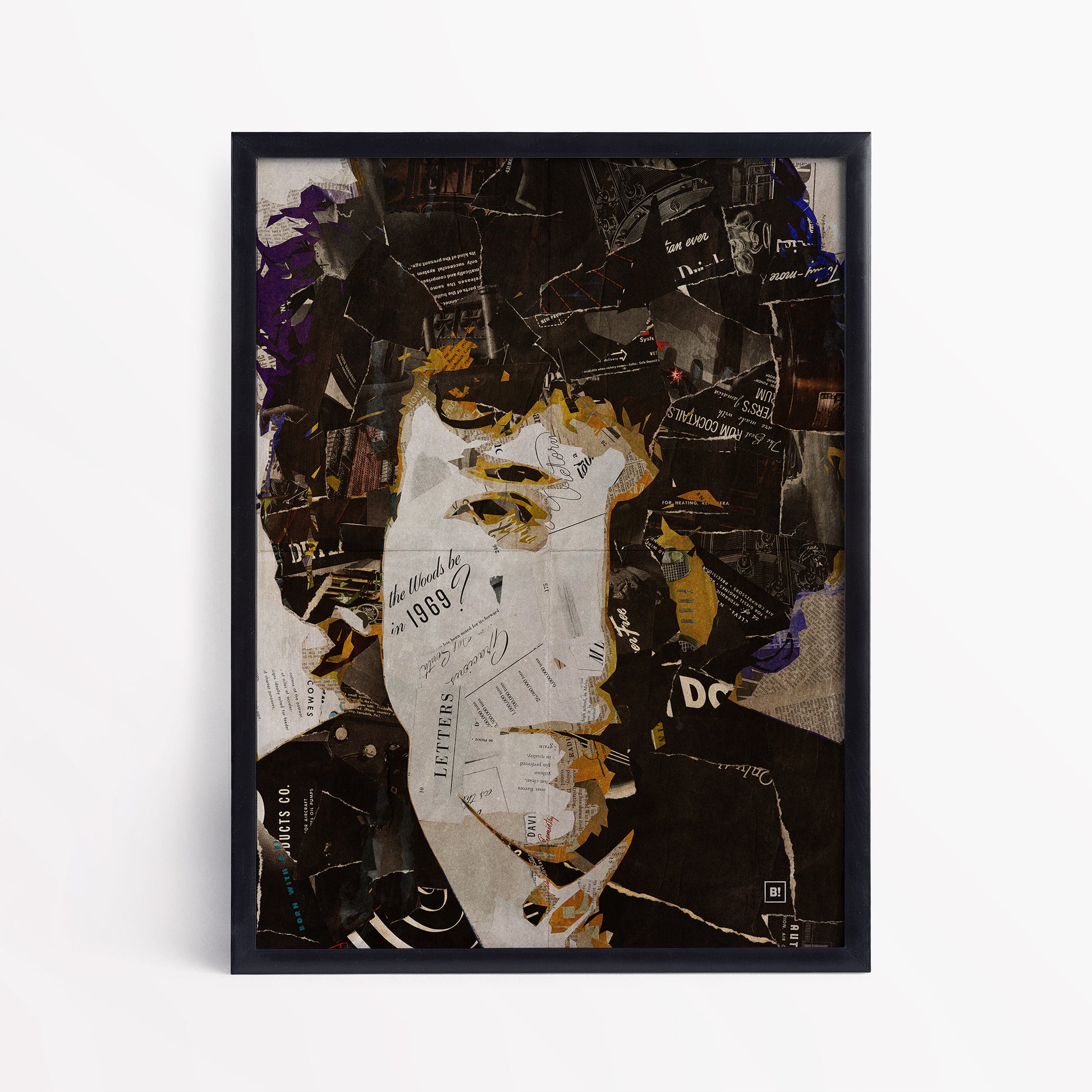 Be inspired by our iconic collage portrait art print of Bob Dylan. This artwork has been printed using the giclée process on archival acid-free paper and is presented in a sleek black frame, showcasing its timeless beauty in every detail.