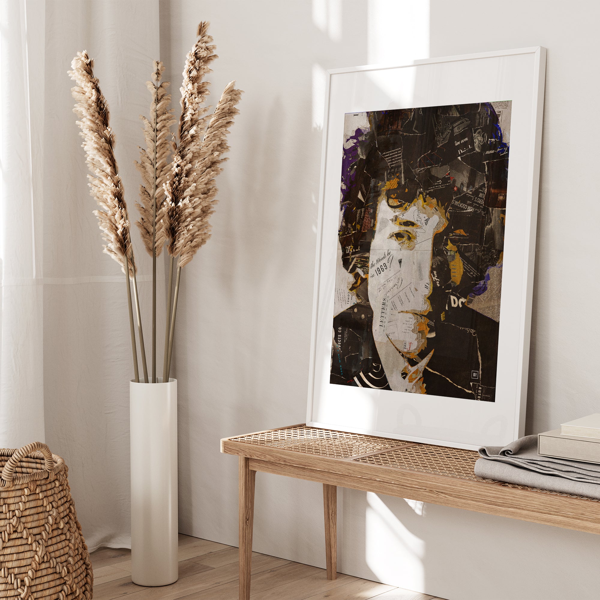 Be inspired by our iconic collage portrait art print of Bob Dylan. This artwork was printed using the giclée process on archival acid-free paper and is presented in a white frame with passe-partout, capturing its timeless beauty in every detail.