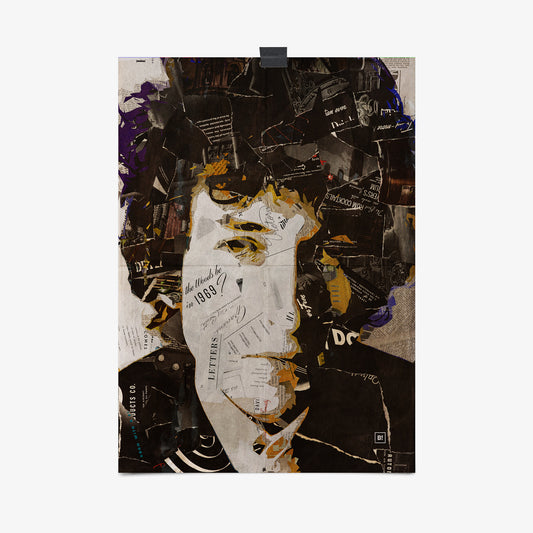 Be inspired by our iconic collage portrait art print of Bob Dylan. This artwork was printed using the giclée process on archival acid-free paper, capturing its timeless beauty in every detail.