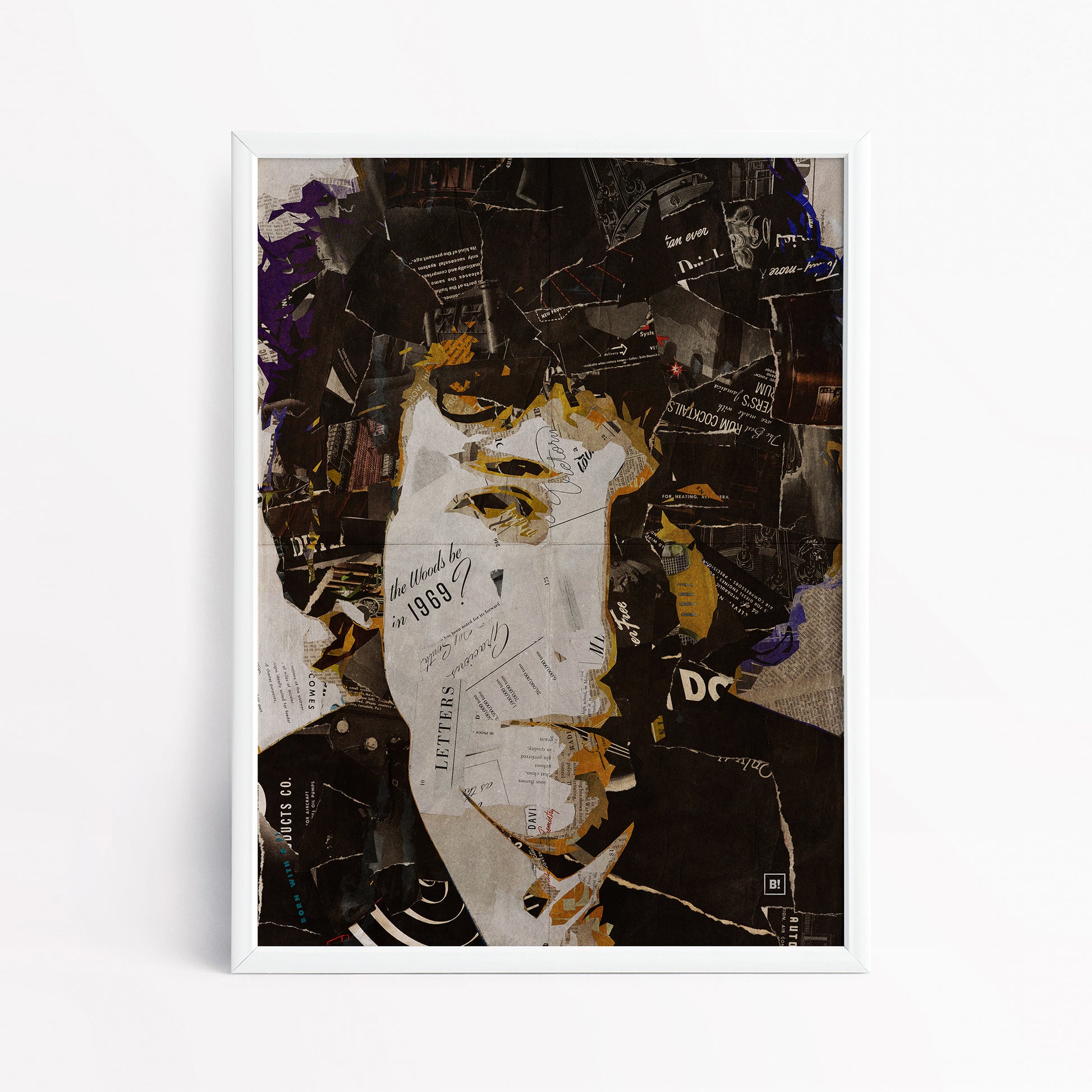 Be inspired by our iconic collage portrait art print of Bob Dylan. This artwork has been printed using the giclée process on archival acid-free paper and is presented in a sleek white frame, showcasing its timeless beauty in every detail.