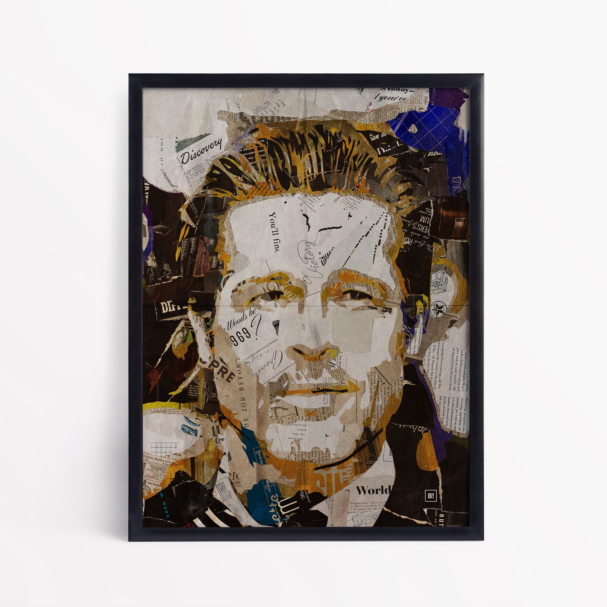 Be inspired by our iconic collage portrait art print of Brad Pitt. This artwork has been printed using the giclée process on archival acid-free paper and is presented in a sleek black frame, showcasing its timeless beauty in every detail.