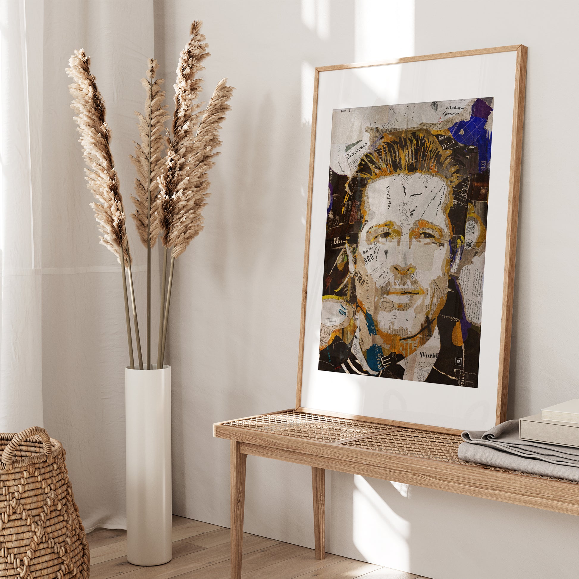 Be inspired by our iconic collage portrait art print of Brad Pitt. This artwork was printed using the giclée process on archival acid-free paper and is presented in an oak frame with passe-partout, capturing its timeless beauty in every detail.