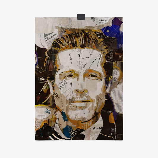 Be inspired by our iconic collage portrait art print of Brad Pitt. This artwork was printed using the giclée process on archival acid-free paper, capturing its timeless beauty in every detail.