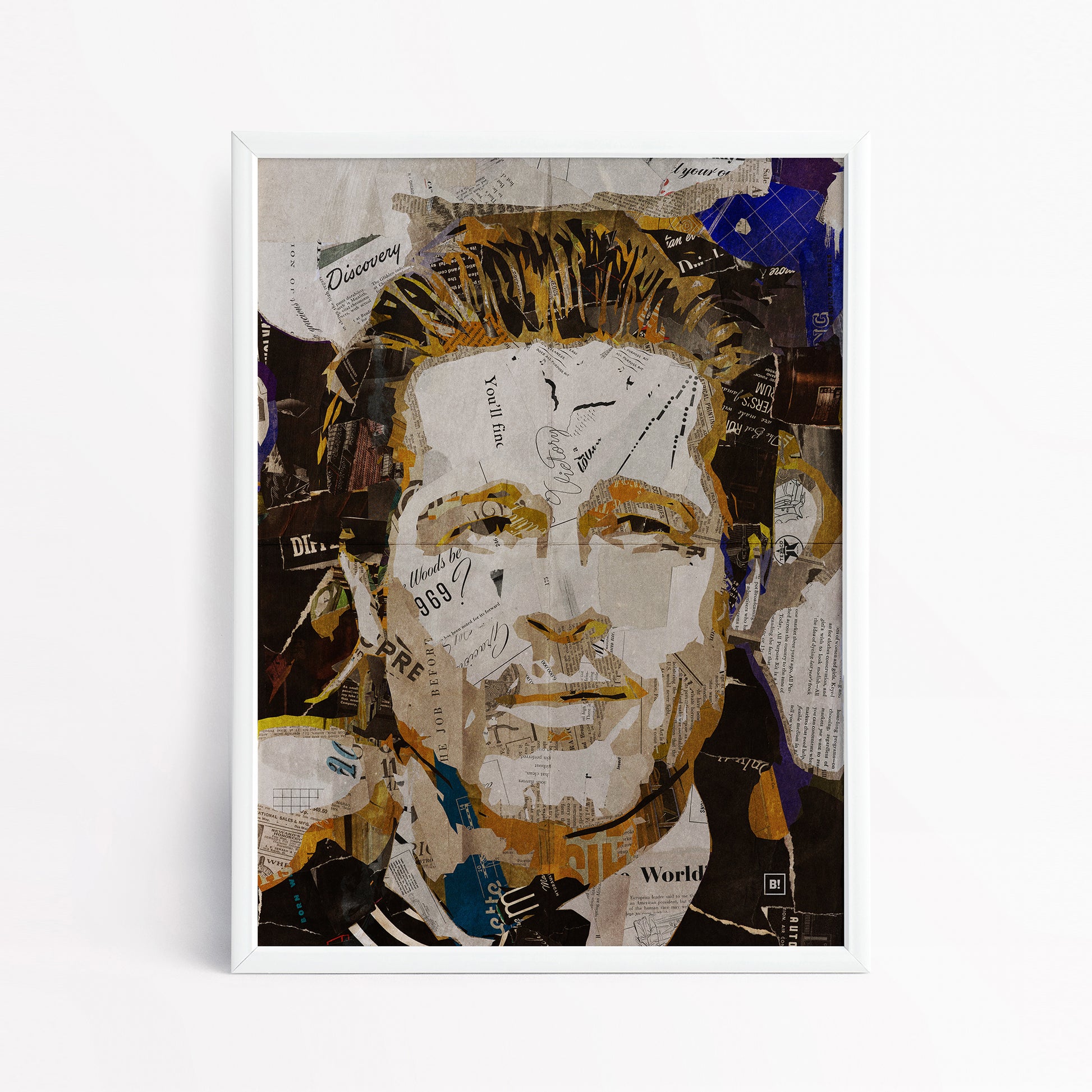 Be inspired by our iconic collage portrait art print of Brad Pitt. This artwork has been printed using the giclée process on archival acid-free paper and is presented in a sleek white frame, showcasing its timeless beauty in every detail.