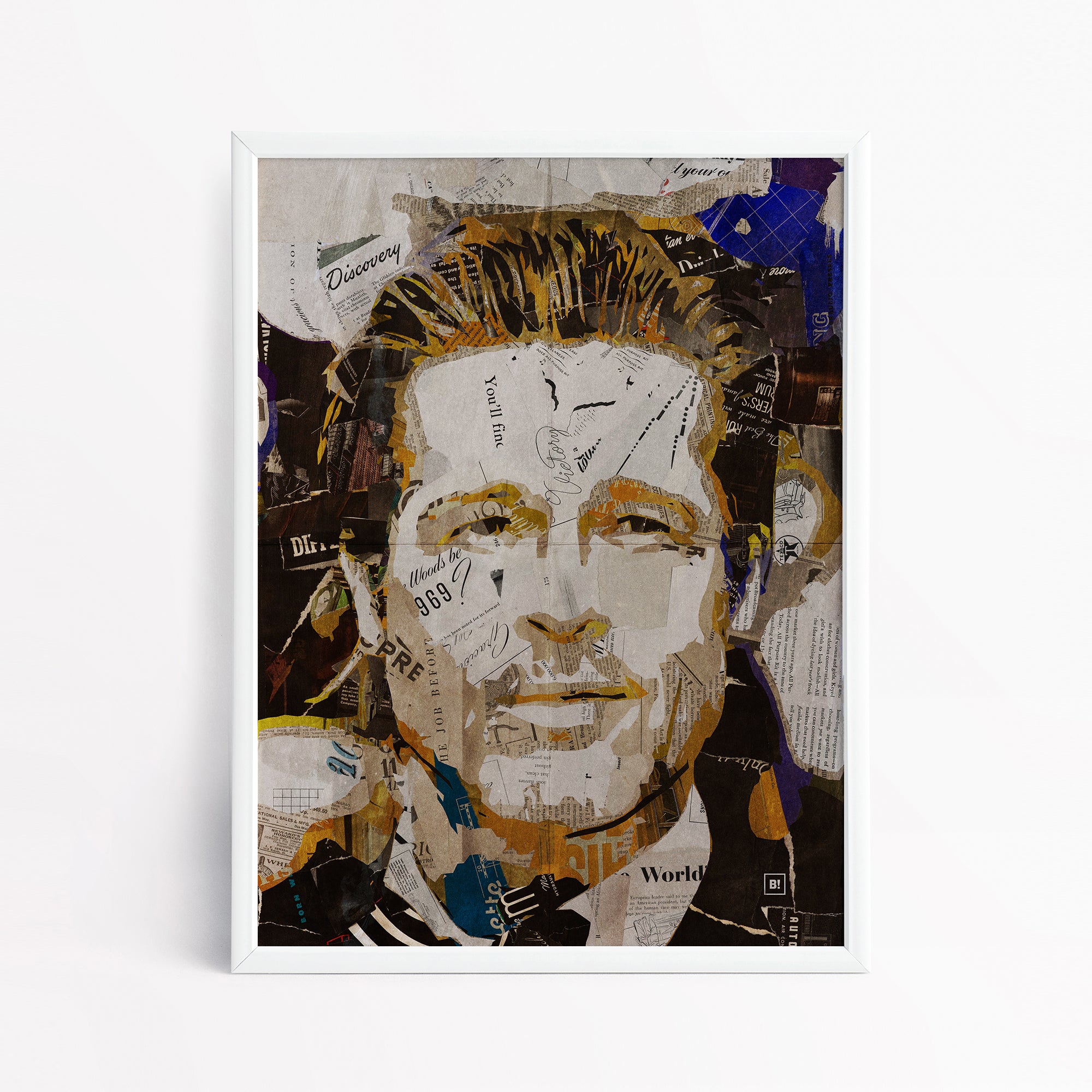 Be inspired by our iconic collage portrait art print of Brad Pitt. This artwork has been printed using the giclée process on archival acid-free paper and is presented in a sleek white frame, showcasing its timeless beauty in every detail.