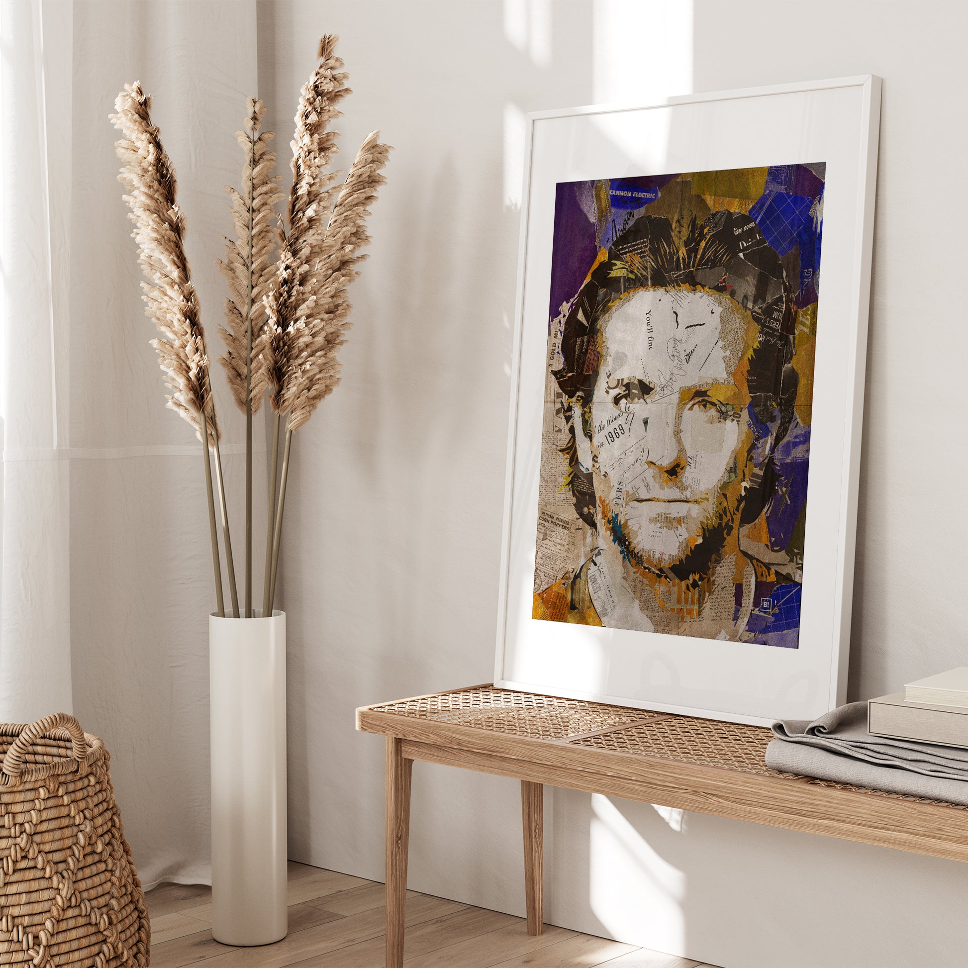 Be inspired by our iconic collage portrait art print of Bradley Cooper. This artwork was printed using the giclée process on archival acid-free paper and is presented in a white frame with passe-partout, capturing its timeless beauty in every detail.