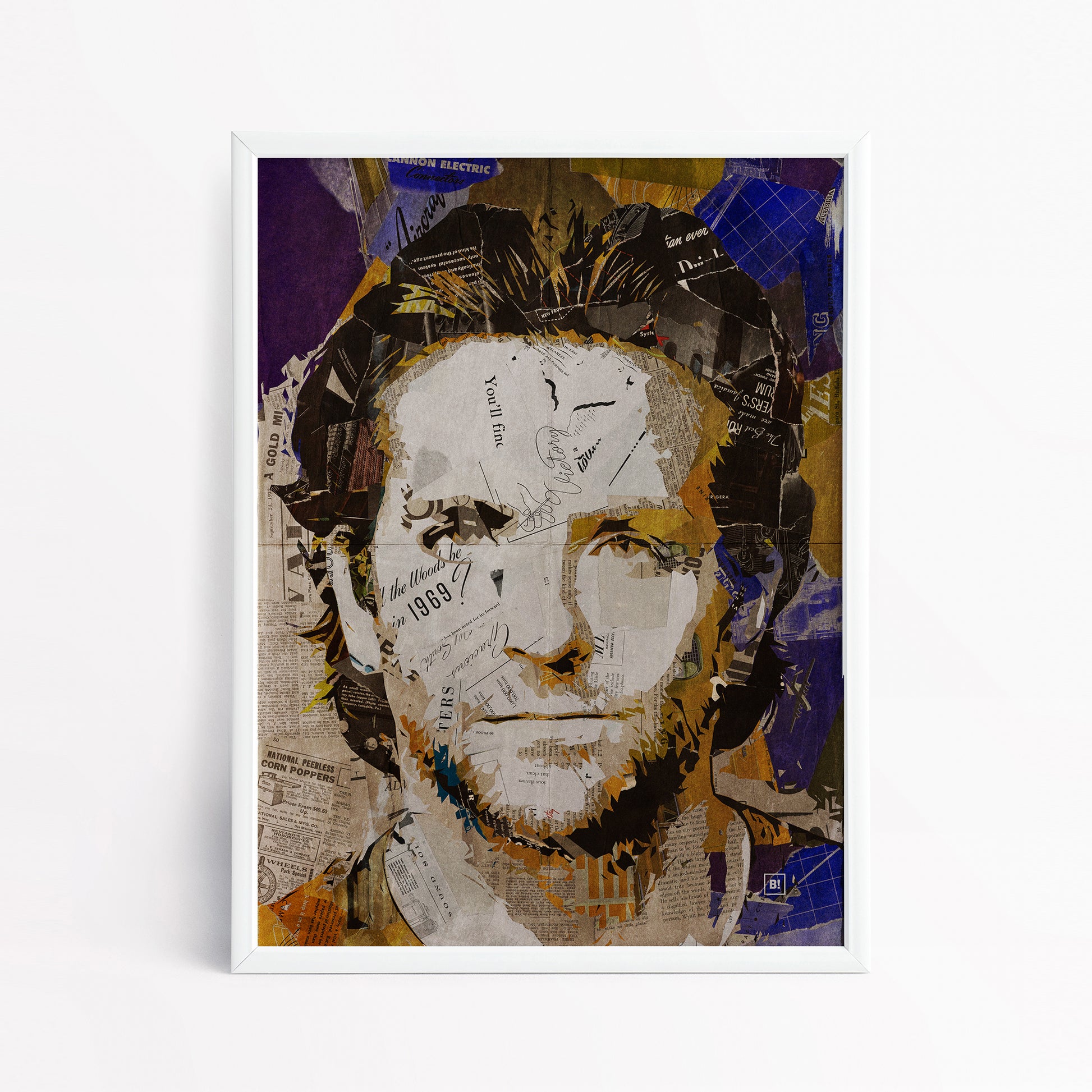 Be inspired by our iconic collage portrait art print of Bradley Cooper. This artwork has been printed using the giclée process on archival acid-free paper and is presented in a sleek white frame, showcasing its timeless beauty in every detail.