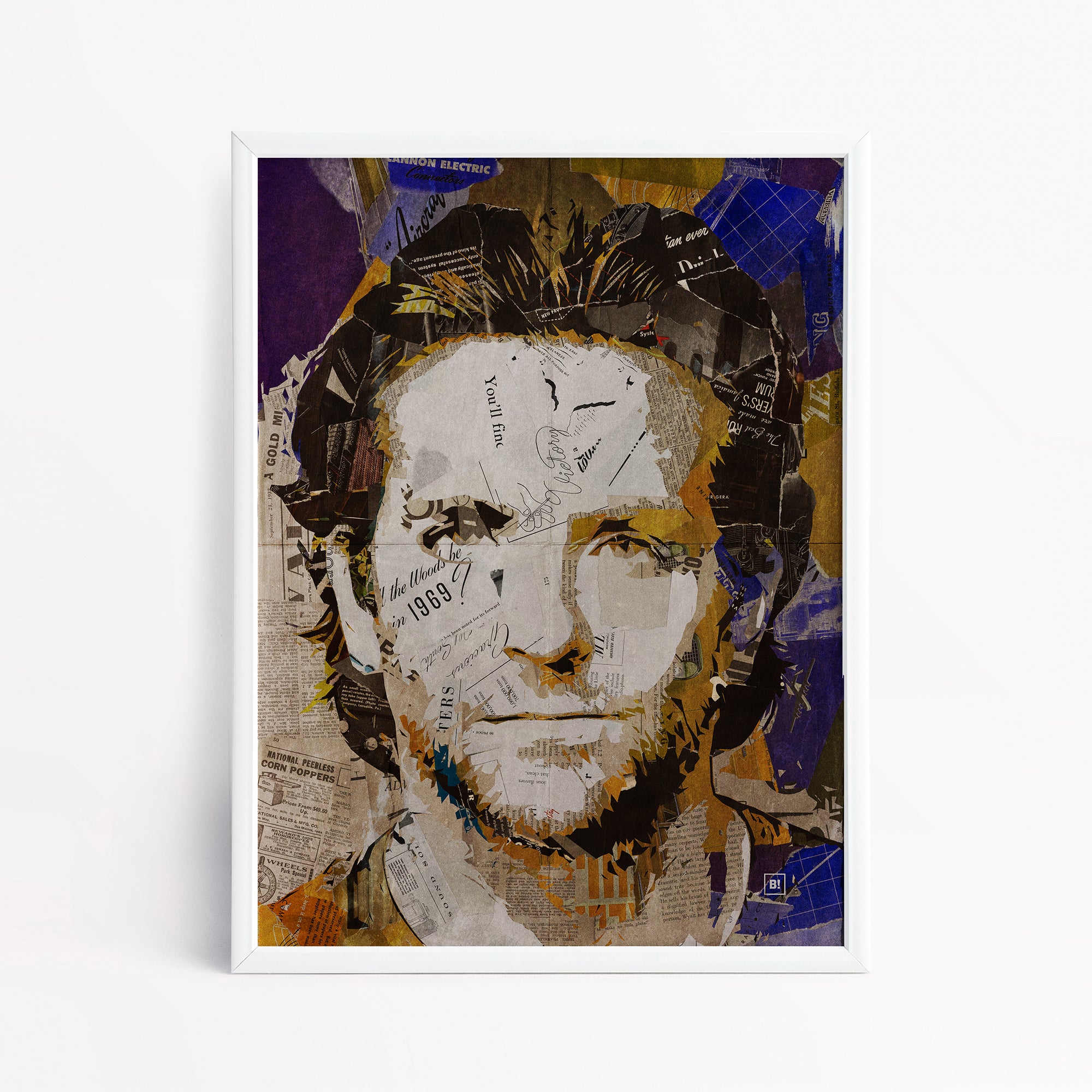 Be inspired by our iconic collage portrait art print of Bradley Cooper. This artwork has been printed using the giclée process on archival acid-free paper and is presented in a sleek white frame, showcasing its timeless beauty in every detail.